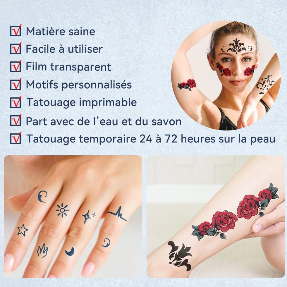 Papier Transfert Tatouage Temporaire Transparent A4, Impression Jet d'Encre & Laser, Lavable, Décalcomanie DIY, 5 Feuilles