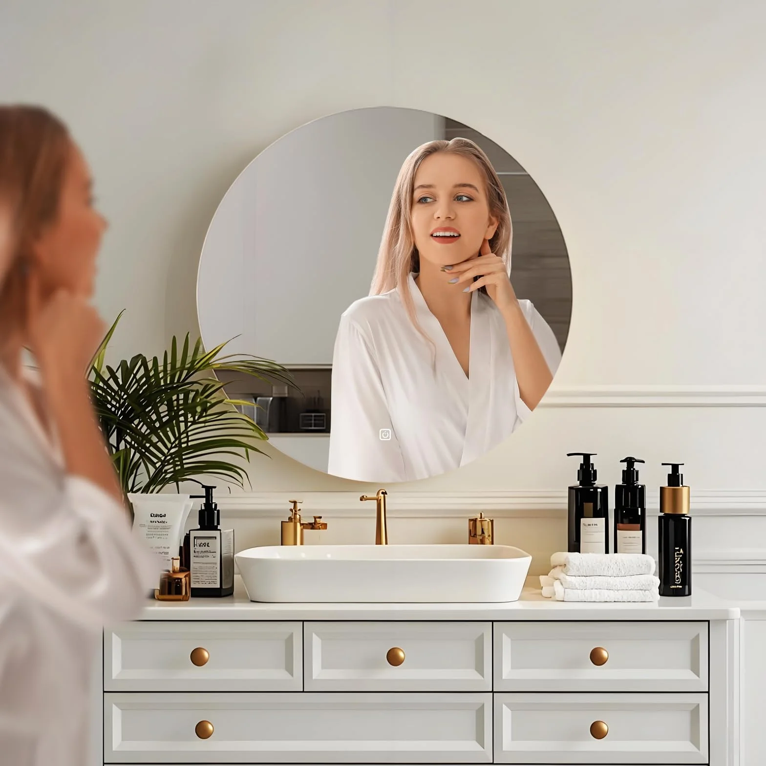 Miroir Salle de Bain LED Rond 50cm, 3 Couleurs Lumière Dimmable, Interrupteur Tactile