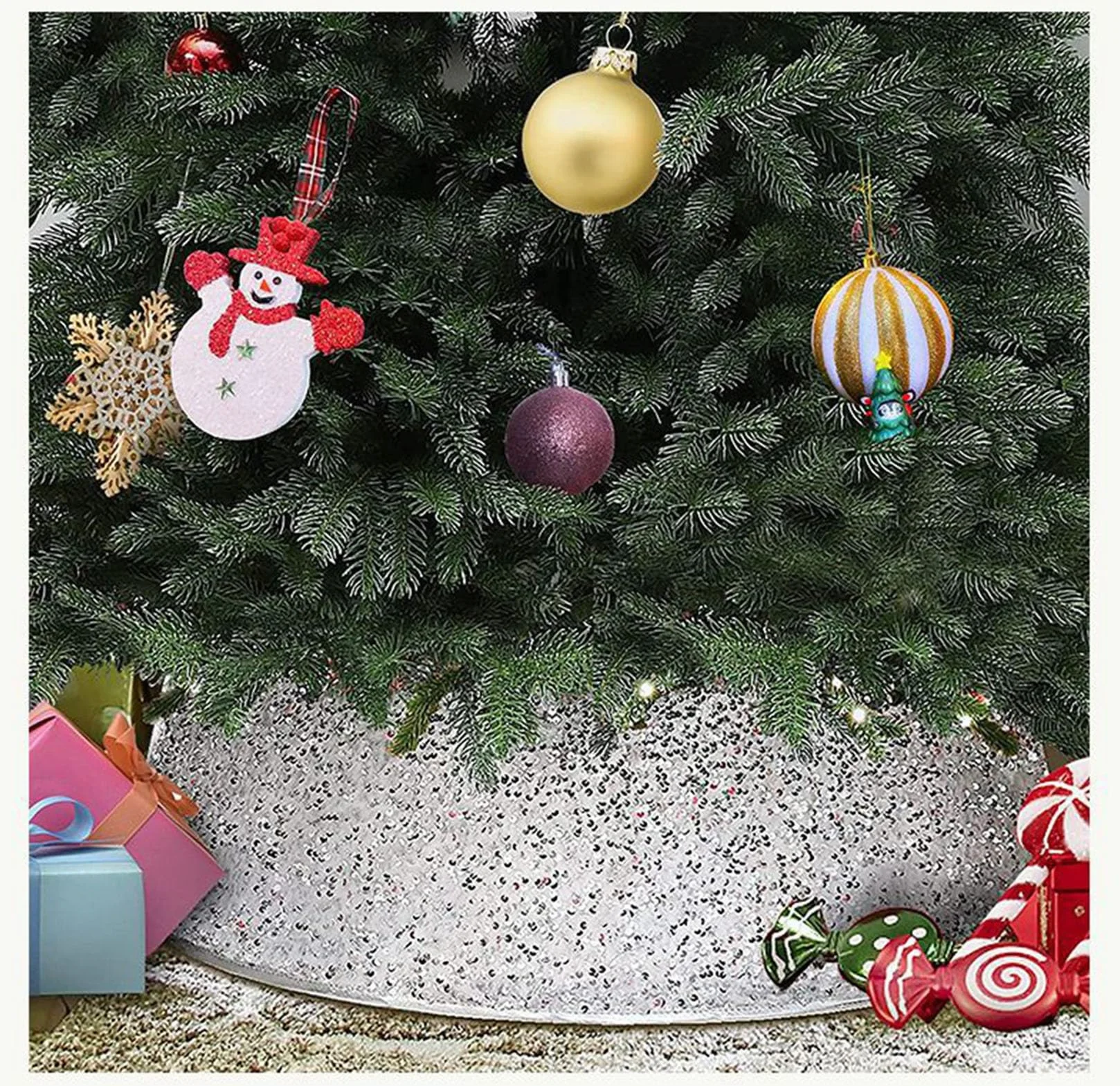 Couvre-Pied de Sapin de Noël à Paillettes Blanc