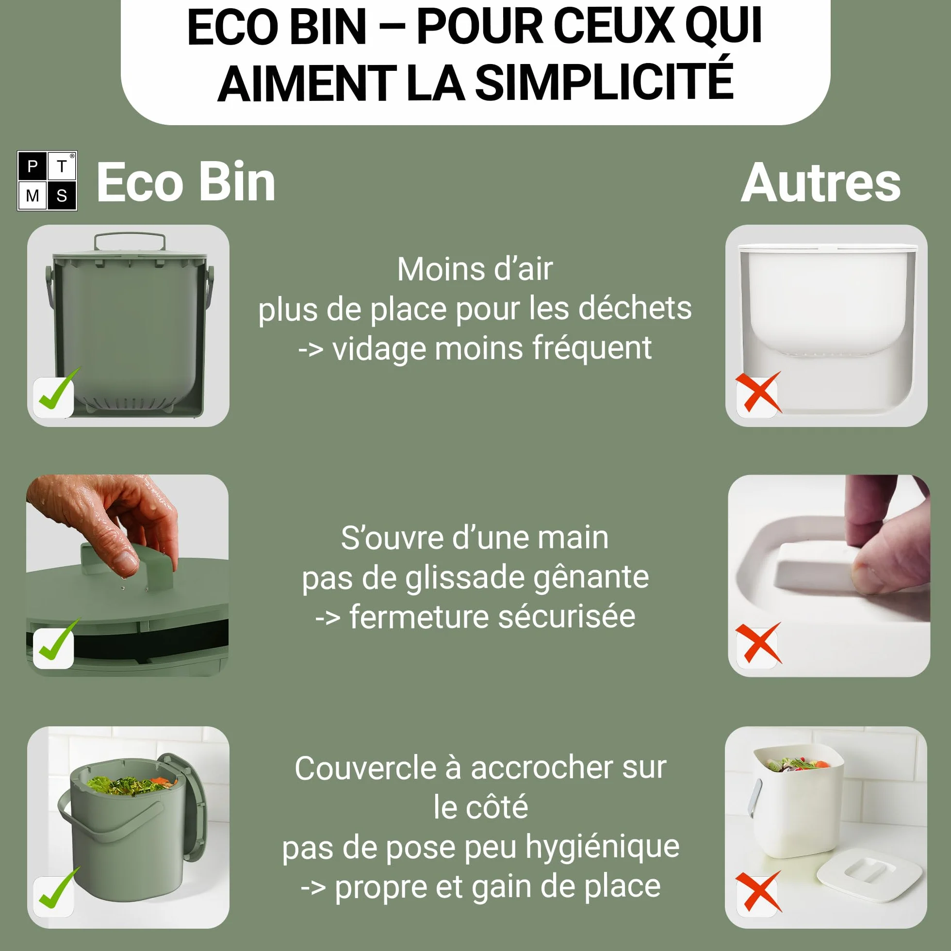 Poubelle Compost Cuisine 6L avec Couvercle et Grille - Lavable Lave-Vaisselle Anti-Odeur