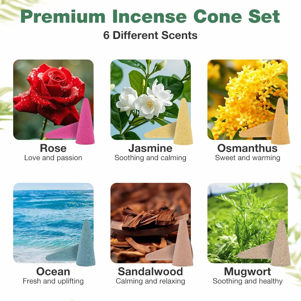 Cônes D'encens 120 Pcs Naturel avec 1 Porte-Encens 6 Parfums Rose Jasmin Osmanthus Océan Bois de Santal Armoise