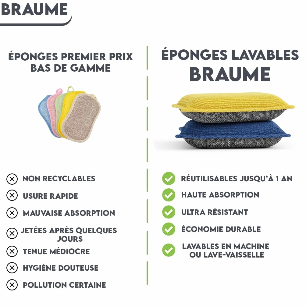 Lot de 4 Éponges Lavables Réutilisables Ne Rayent Pas Ultra Efficaces Séchage Rapide
