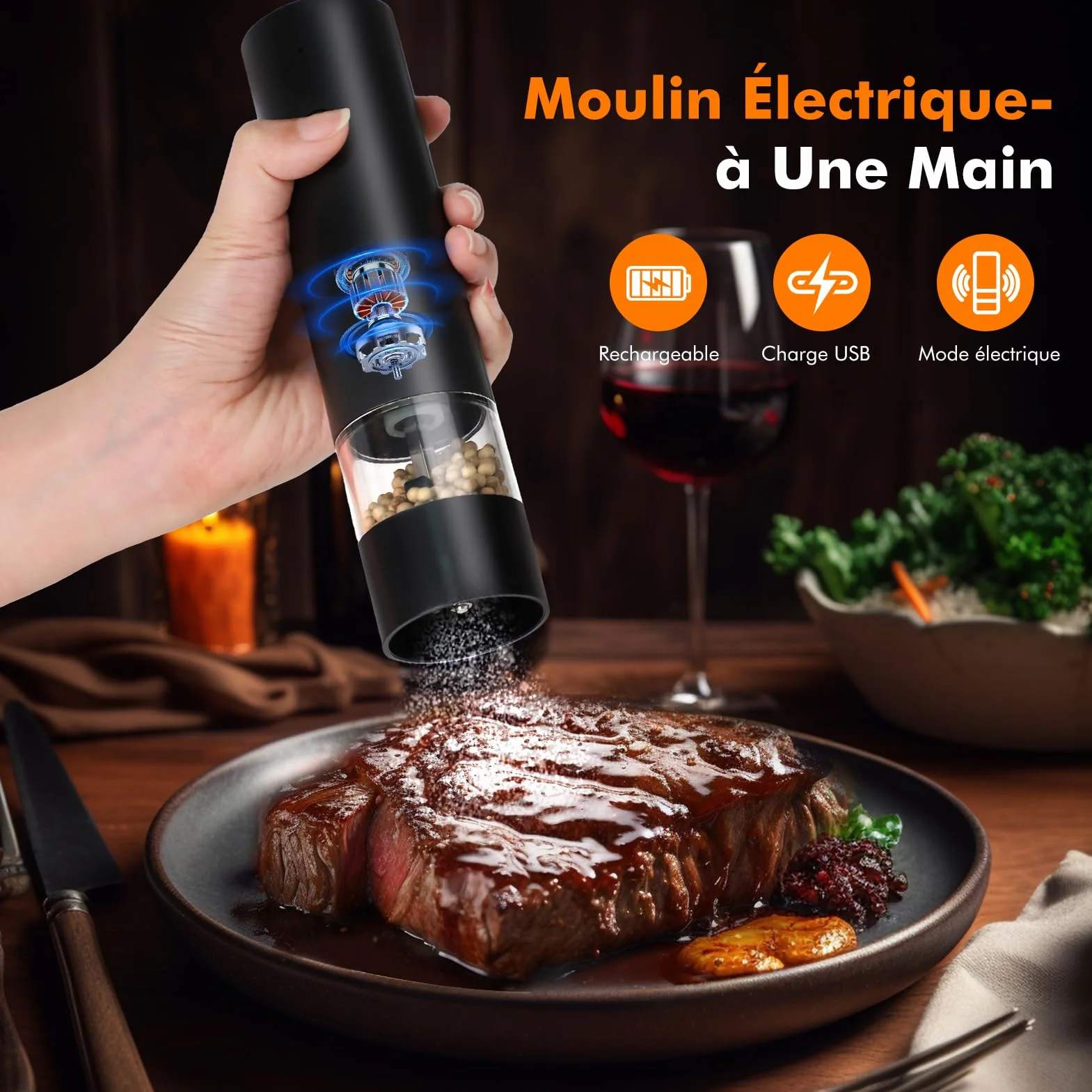 Moulin à Poivre Électrique Rechargeable USB Lot de 2 avec Base Réglable