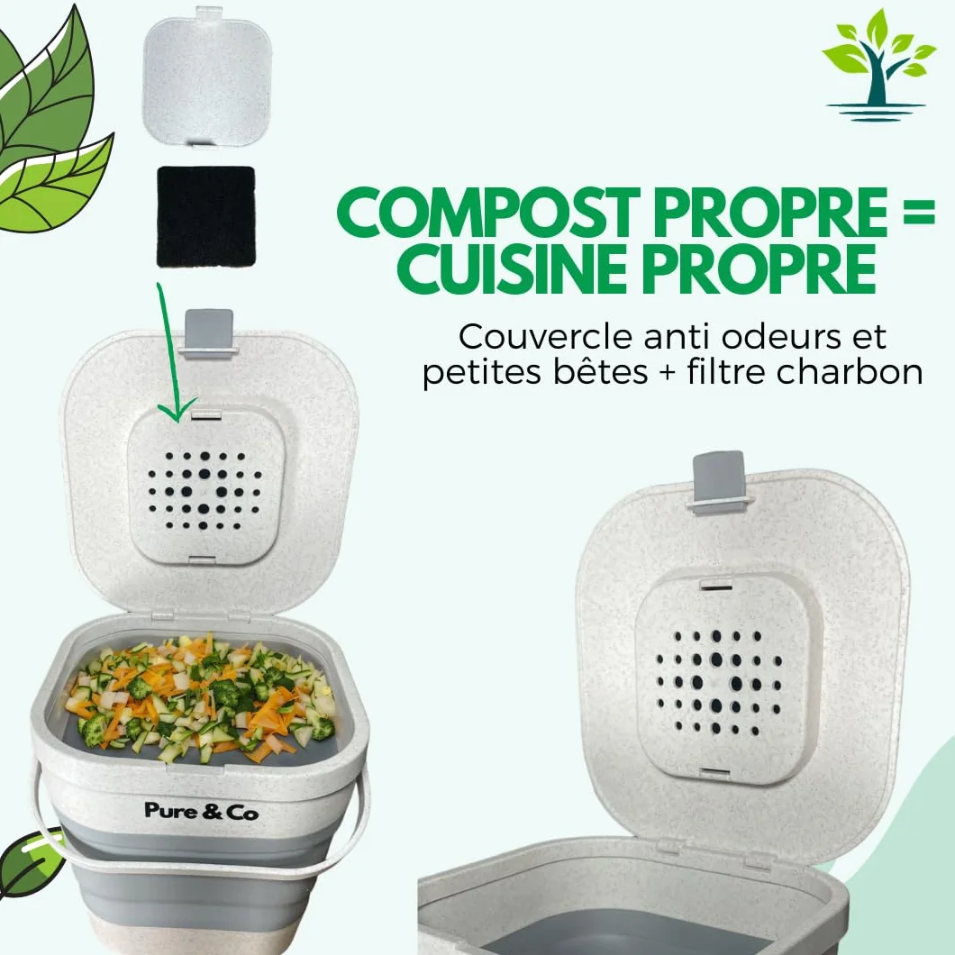 Pure&Co Composteur Cuisine Pliable 4L Poubelle Compost Anti Odeur Bioseau
