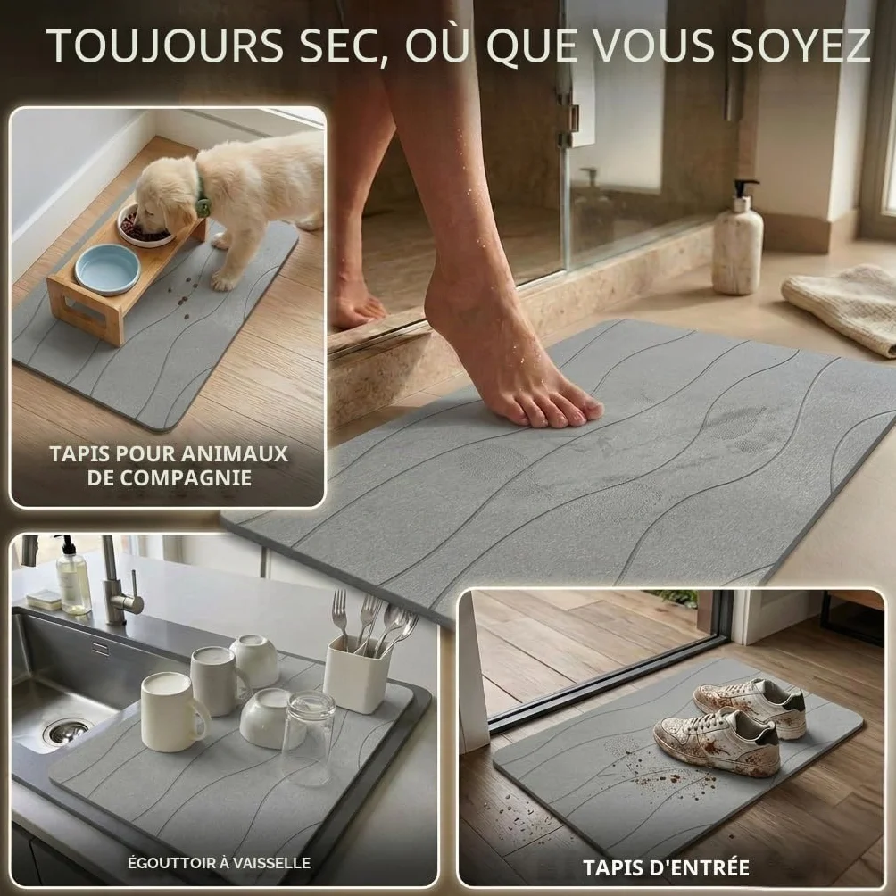 Tapis de Bain Diatomite 40x60 cm, Séchage Rapide, Antidérapant, Anti-Moisissure, Gris Clair