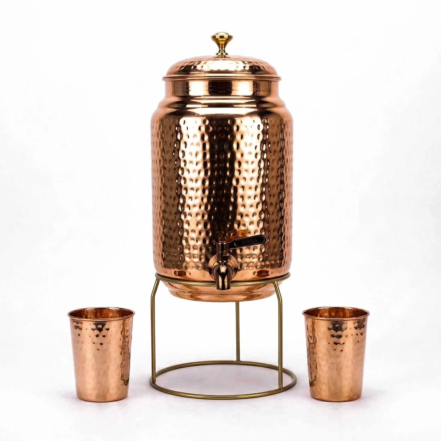 Distributeur d'eau en cuivre 5 l avec 2 tasses et support, réservoir cuivre pur, robinet anti-fuite