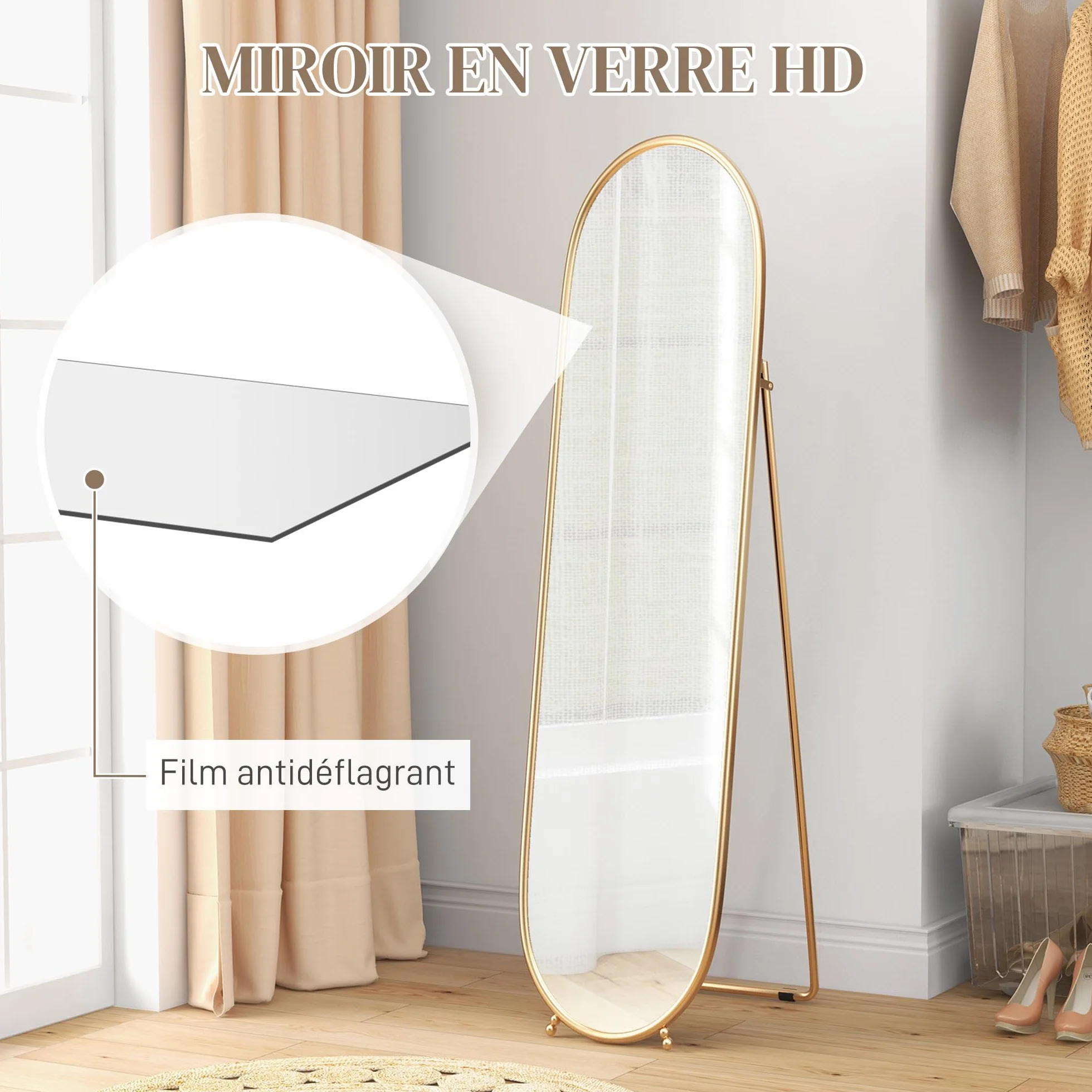 HOMCOM Grand Miroir sur Pied Ovale Cadre en métal doré 40 x 160 cm