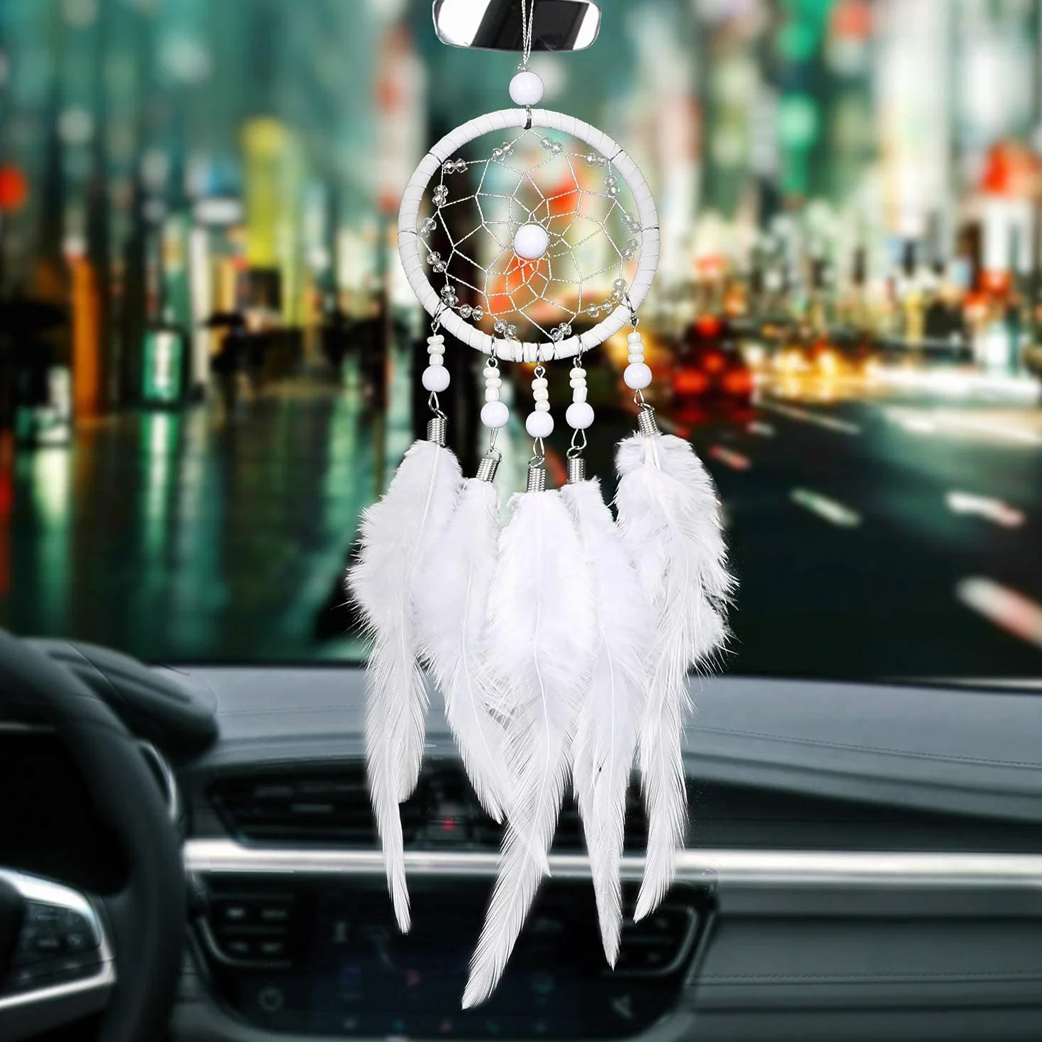Dream Catcher Ręcznie Robiony Plume Ornament Samochodowy Lusterko Wsteczne Boho Dekoracja Okno Zawieszony Prezent (Blanche)