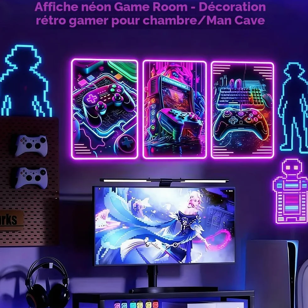 3 Estampes D'art Mural Affiche Manette de Jeu Vidéo Néon Poster Gaming 30x40 cm Sans Cadre