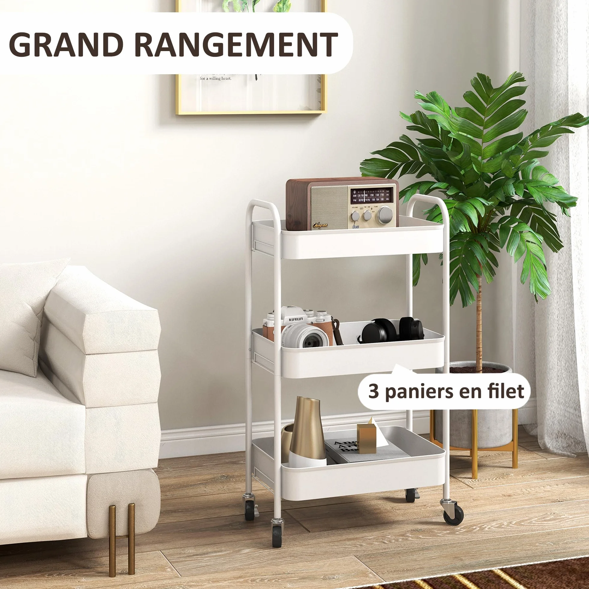HOMCOM Chariot de Rangement en Acier 3 Niveaux Plateaux ajourés 45 x 30,6 x 79 cm Blanc