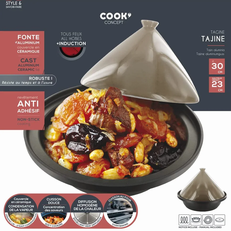COOK CONCEPT Tajine en Fonte d'Aluminium Ronde Antiadhésif Compatible Induction 30 cm Taupe