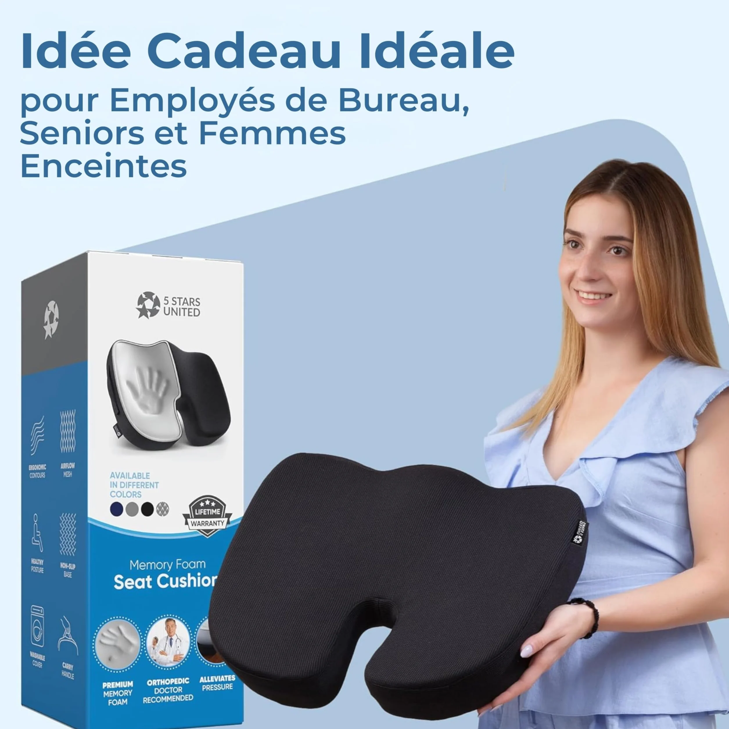 Coussin d’Assise en Mousse à Mémoire de Forme, Coccyx Ergonomique pour Chaise de Bureau, Soulagement Sciatique & Lombaires – Noir