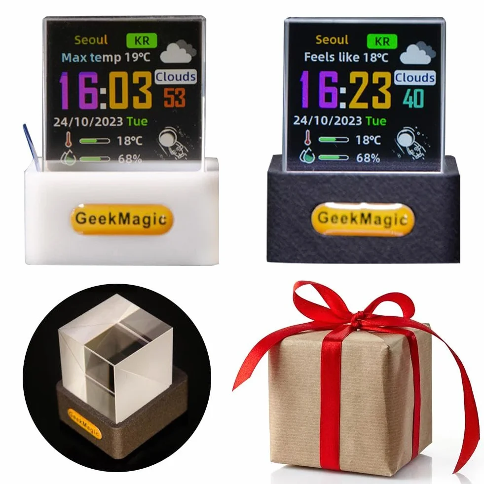 GeekMagic Mini Cube d'Affichage Hologramme 3D WiFi, Station Météo, Horloge Numérique, Cadre Photo Électronique