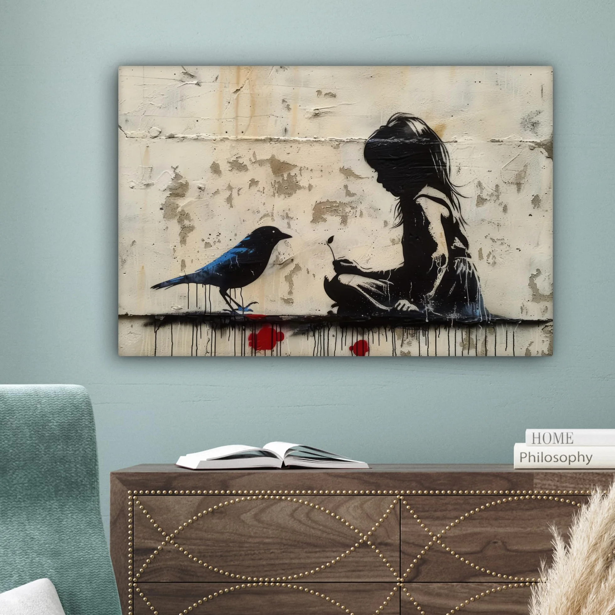 Banksy MuchoWow Tableau Mural 60x40 cm Toile Street Art Fille Oiseau Graffiti