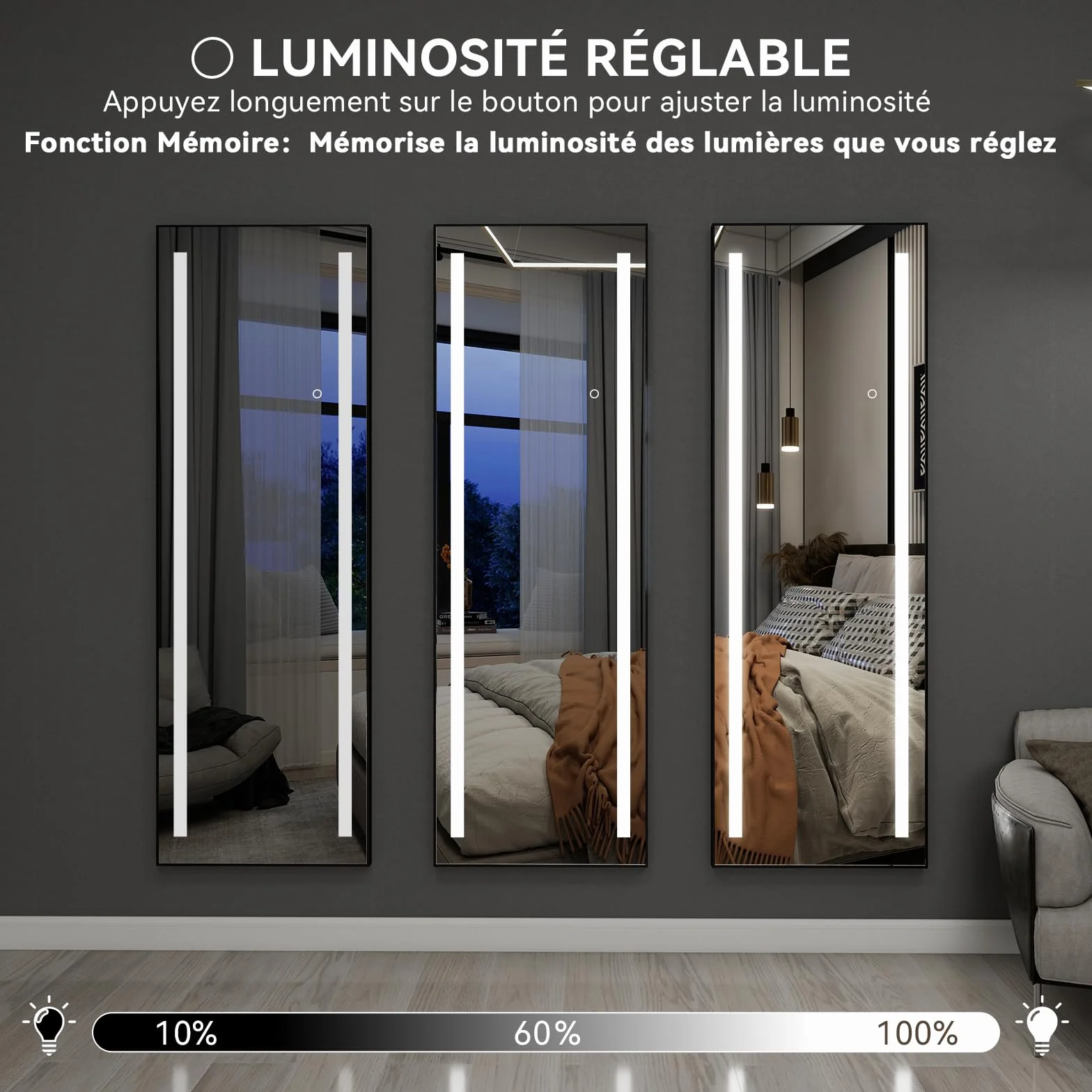 Grand Miroir sur Pied LED 150x50cm, Miroir Plein Pied Mural, 3 Couleurs Dimmable, Cadre Aluminium, Rectangulaire Noir