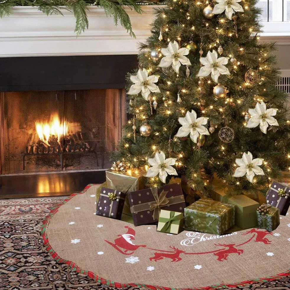 Tapis cache-pied de sapin de Noël Amajoy toile jute flocons neige blancs 30" décoration fête motif écossais rouge vert