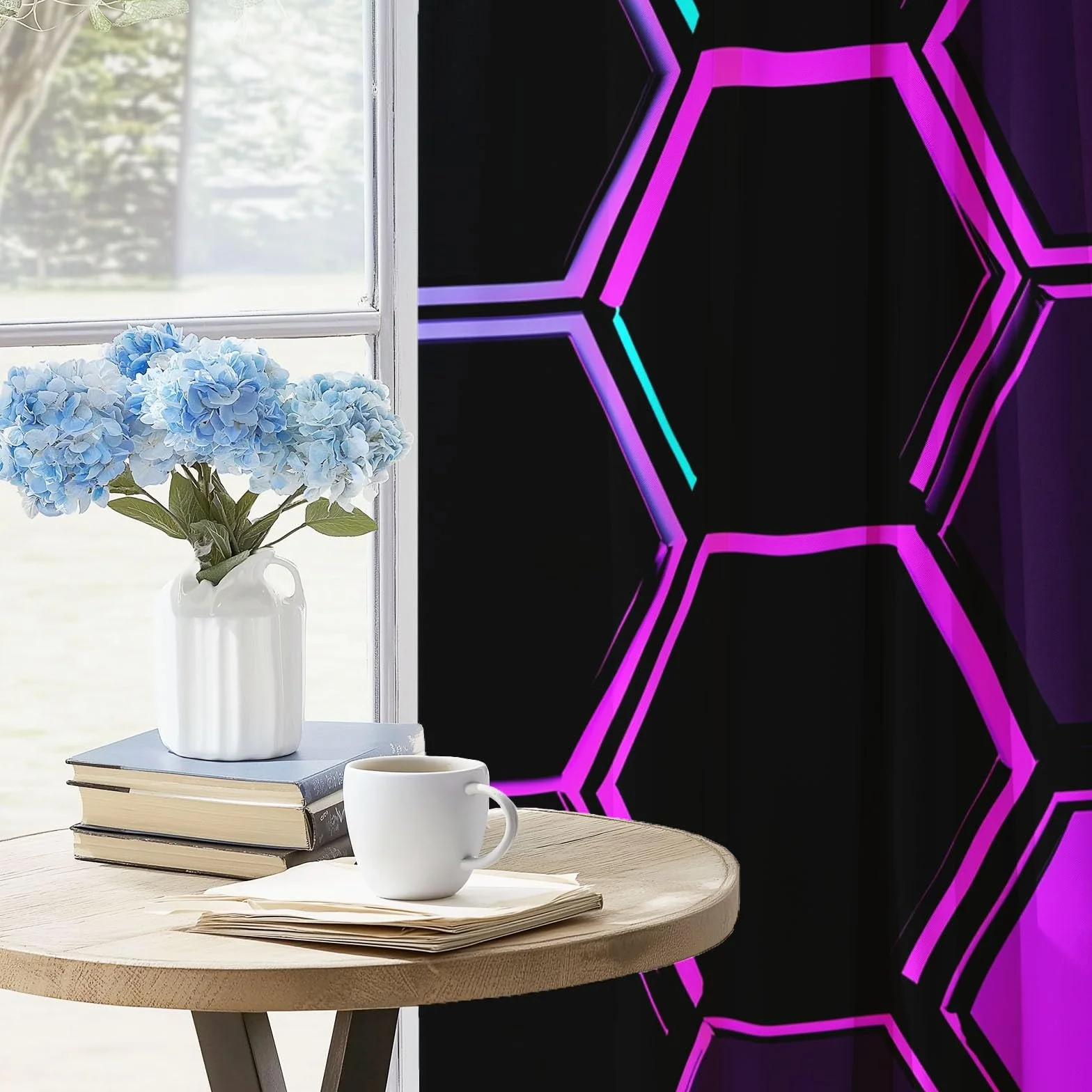 Rideaux Opaques Isolation Thermique 110x215 cm 2 Panneaux Hexagone Géométrique Moderne Noir Violet
