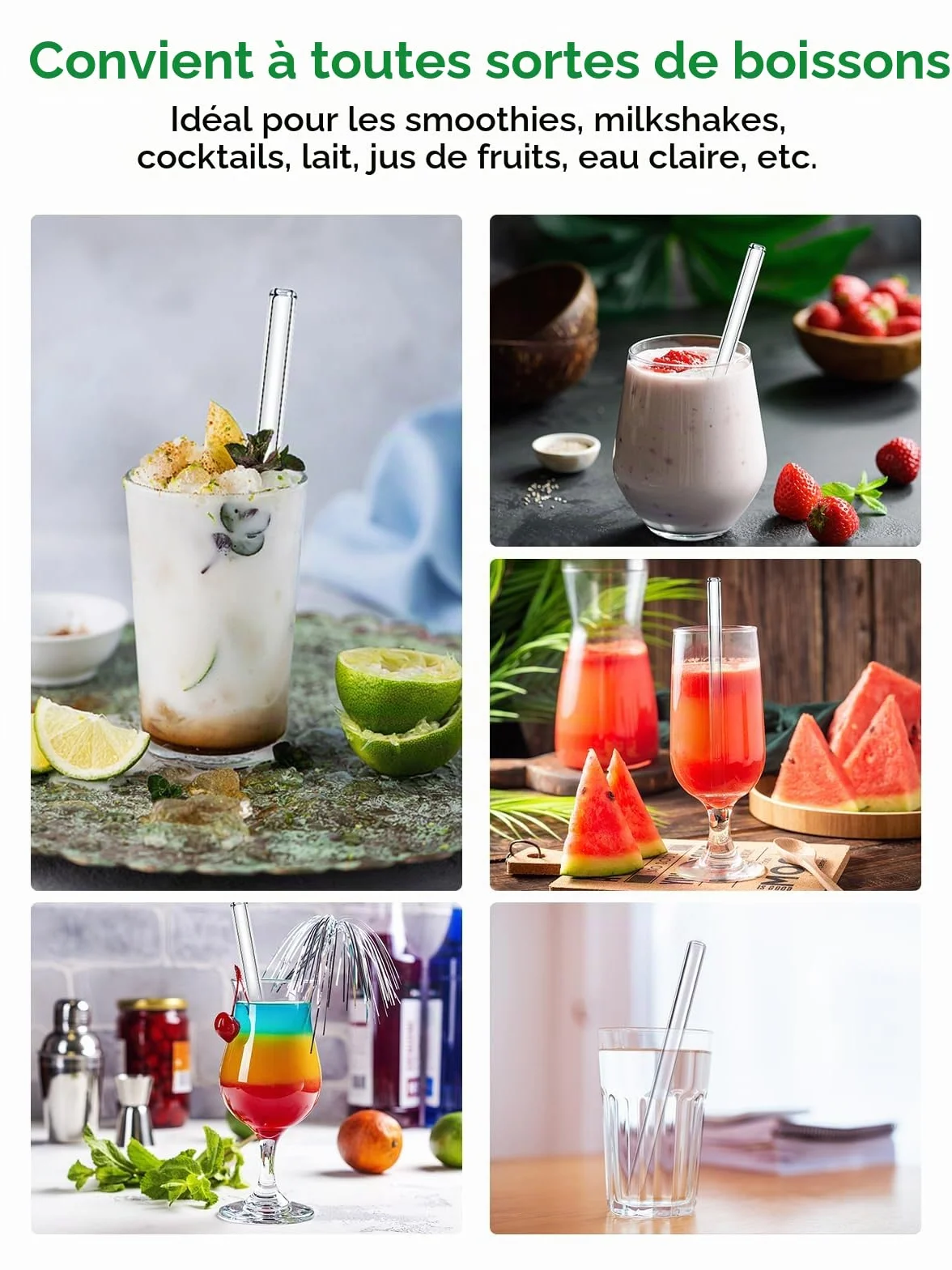 Realure Lot de 4 Pailles en Verre Transparente 14mm 21.5cm pour Bubble Tea Smoothie Cocktail
