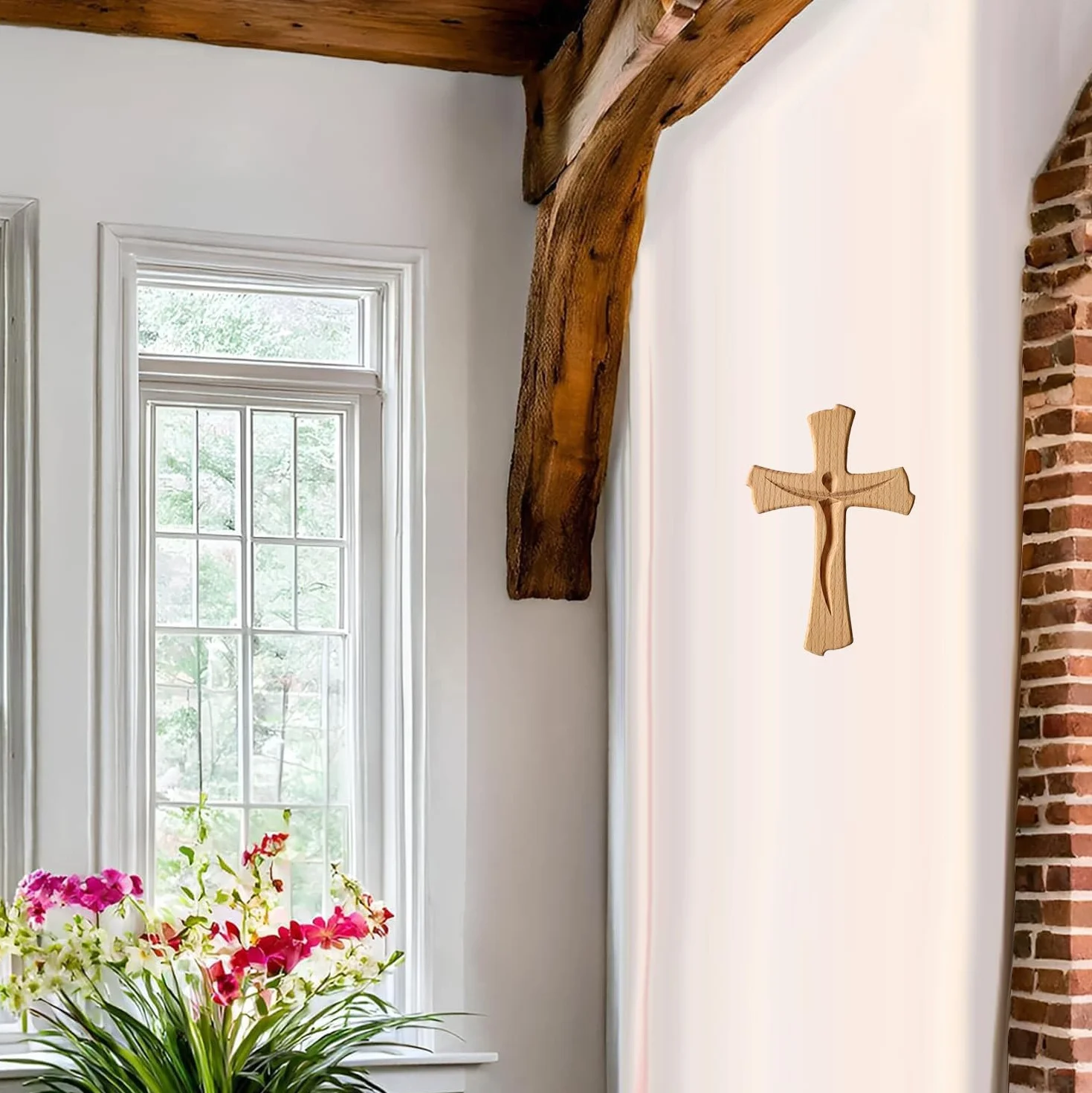 Croix murale crucifix en bois de hêtre véritable 20 cm moderne