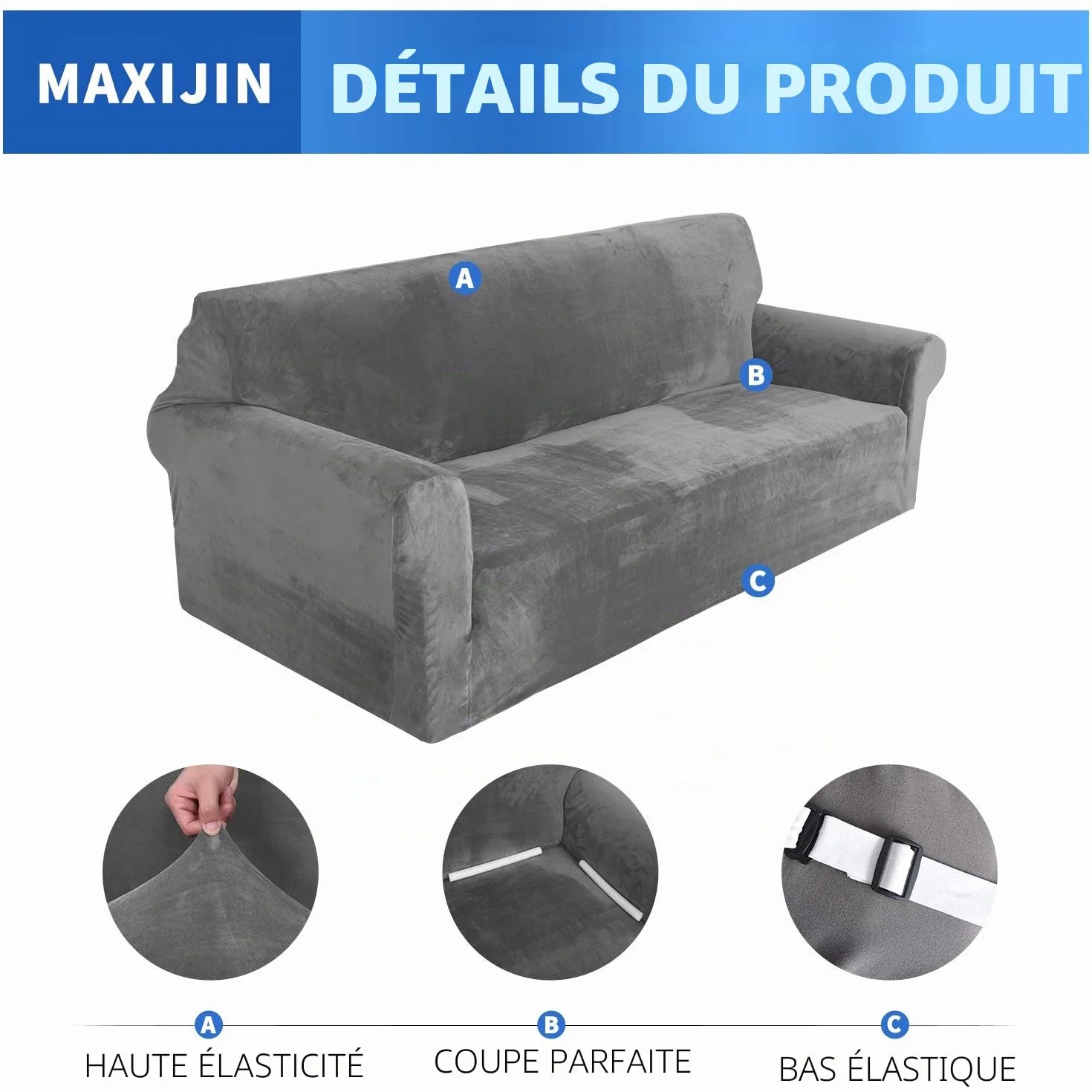 MAXIJIN Housse de canapé en Velours épais 3 Places Super Extensible pour Chiens Cat Pet Friendly 1-Piece Elastic Furniture Protector Gris