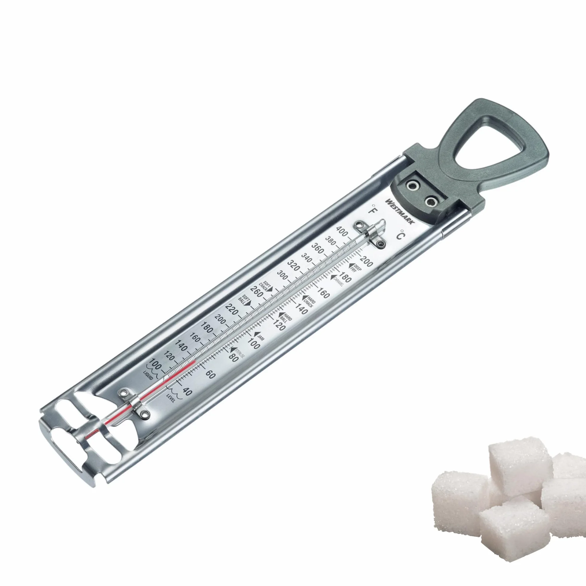 Westmark Thermomètre à Sucre Inox, 1 Pièce, Aide Confitures Fruits, Cadre Acier Inoxydable Pince Ajustable, Tube Verre Robuste