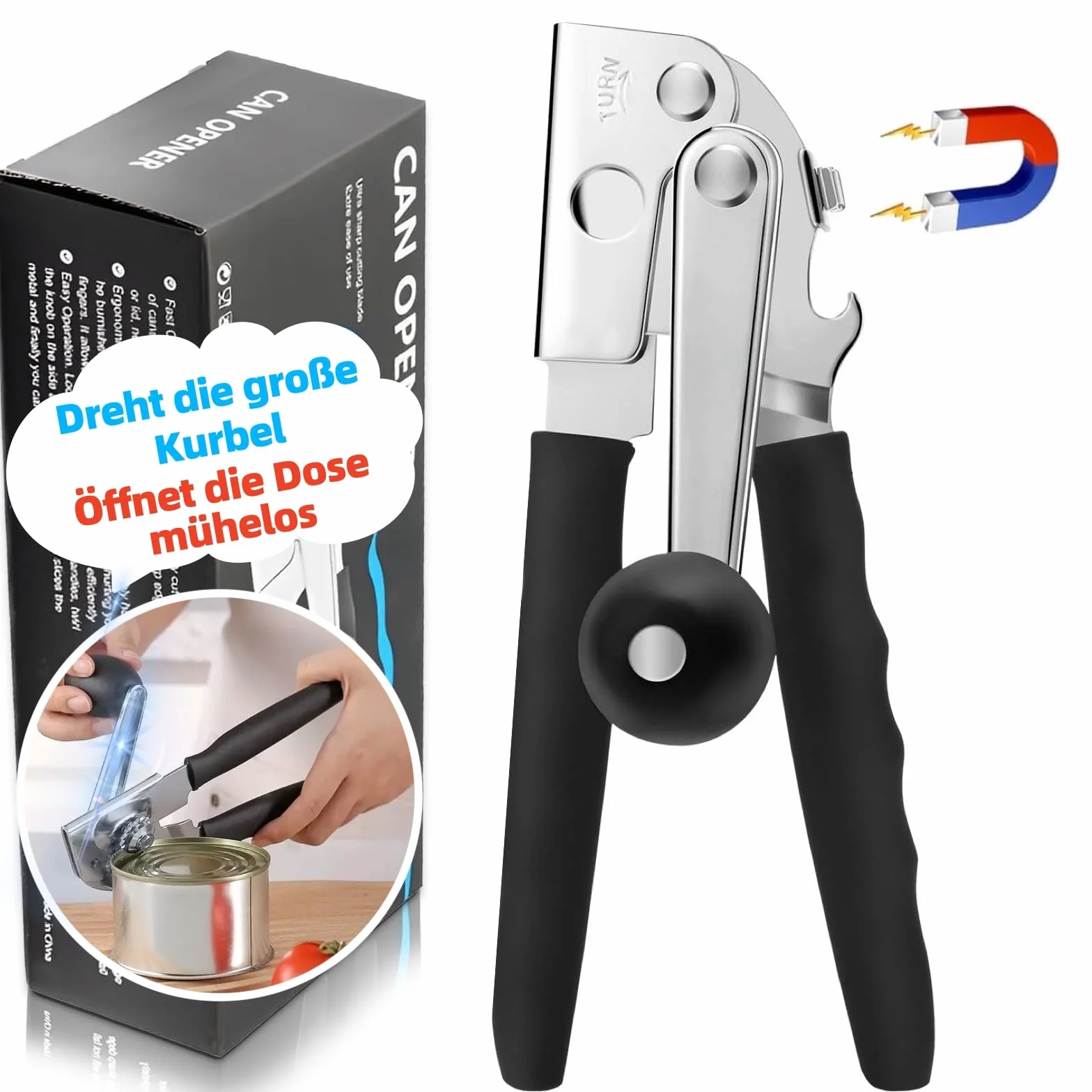 Ouvre-boîte en acier inoxydable professionnel manche confortable bord lisse Noir