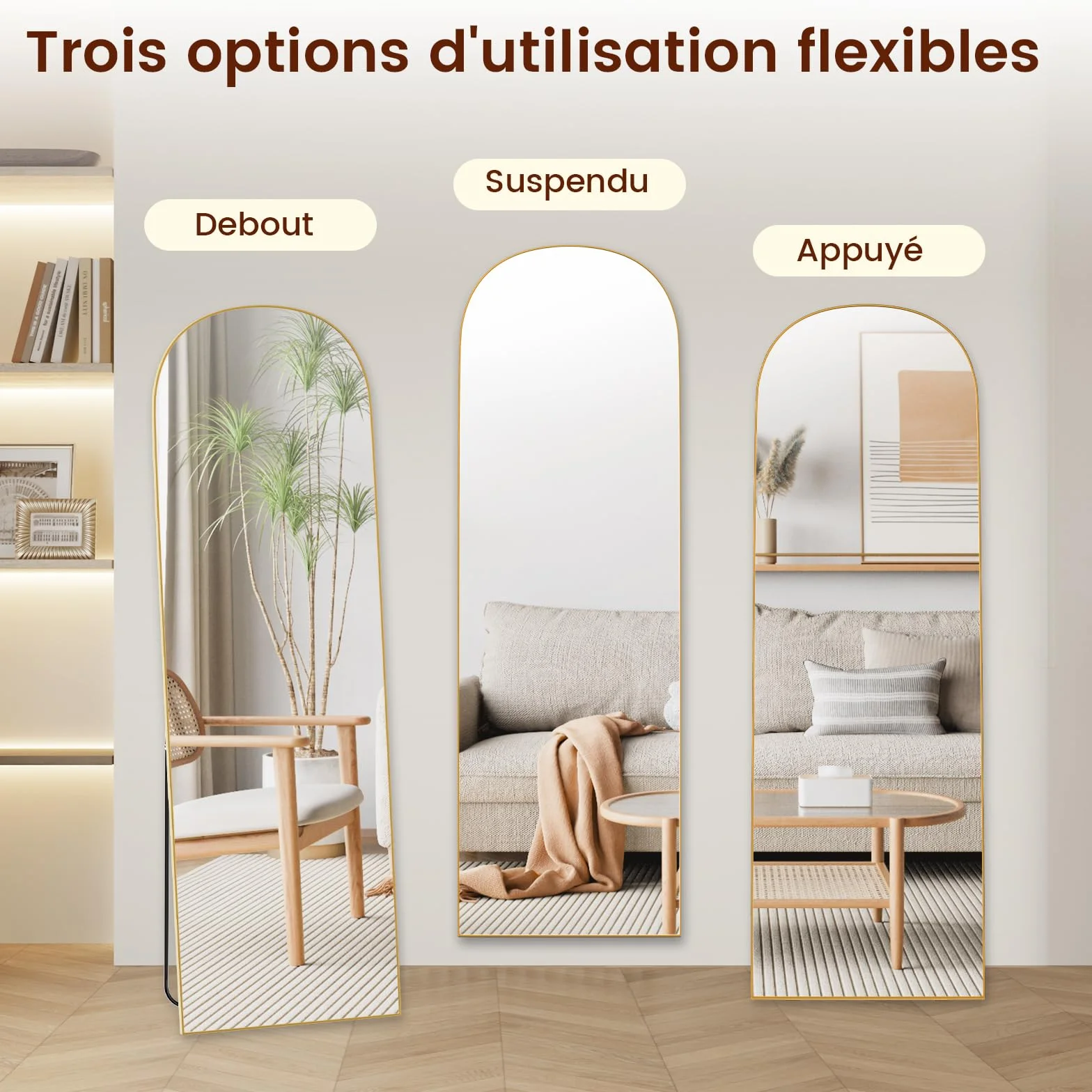 Miroir sur Pied Arqué 162x52cm, Grand Miroir Mural Pleine Longueur, Arc Doré