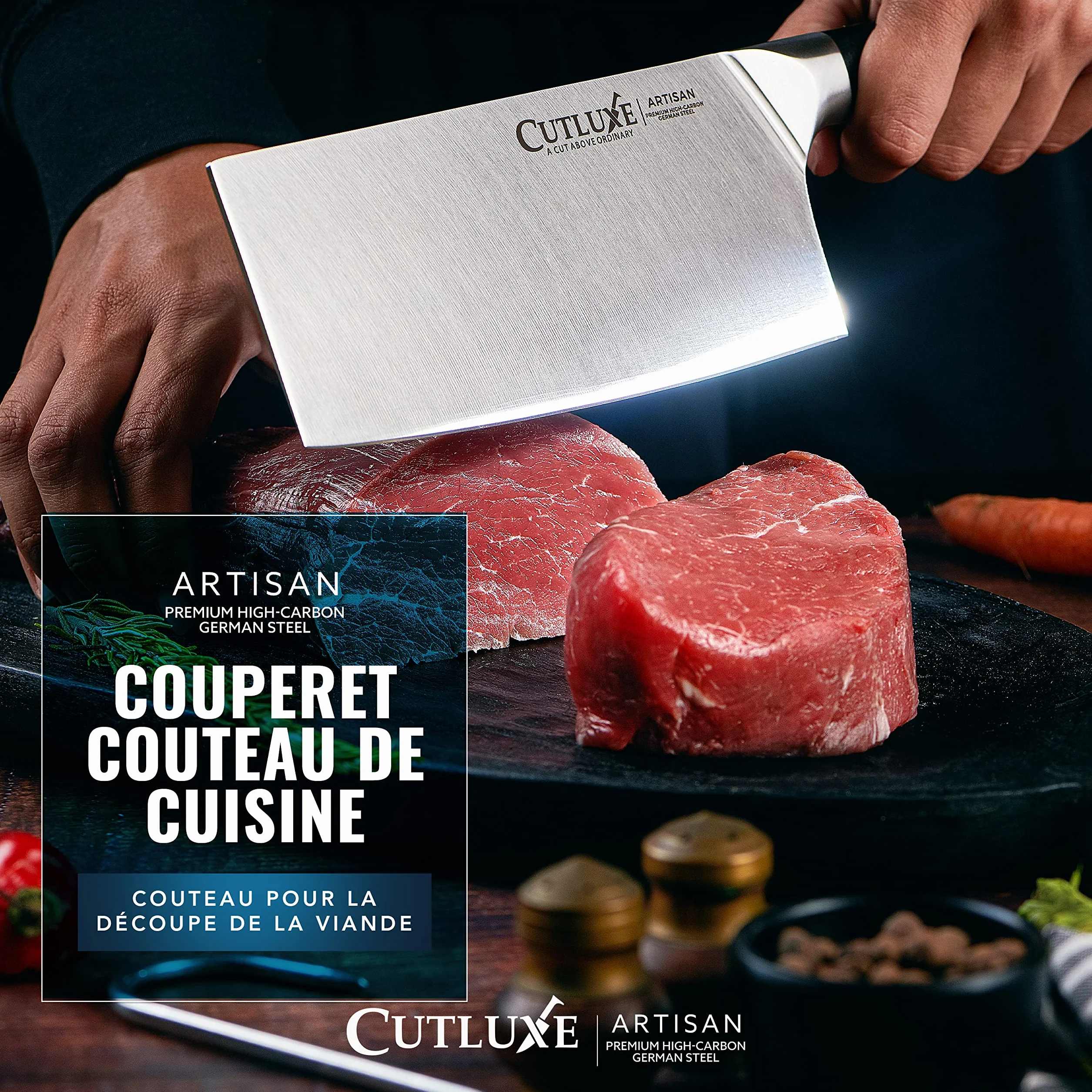 Cutluxe Couteau de Boucher 17.7 cm Acier Allemand Carbone Tang Complet Série Artisan