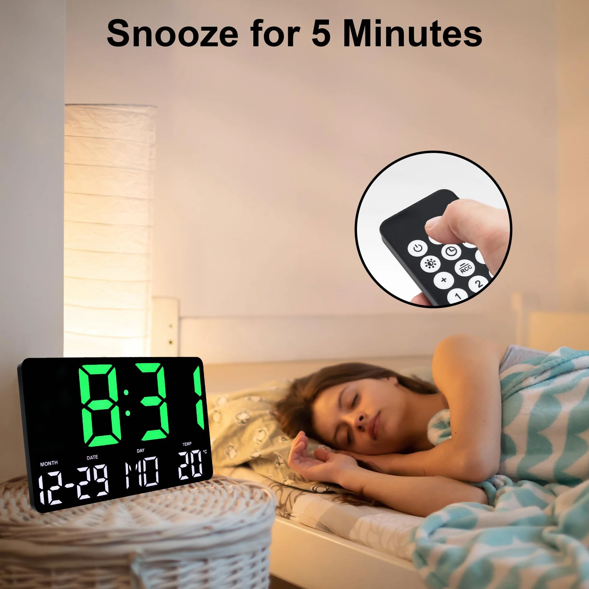 Lafocuse Horloge Murale Numérique LED 12" avec Télécommande, Température, Date, Alarme, Snooze, Luminosité Réglable, Vert