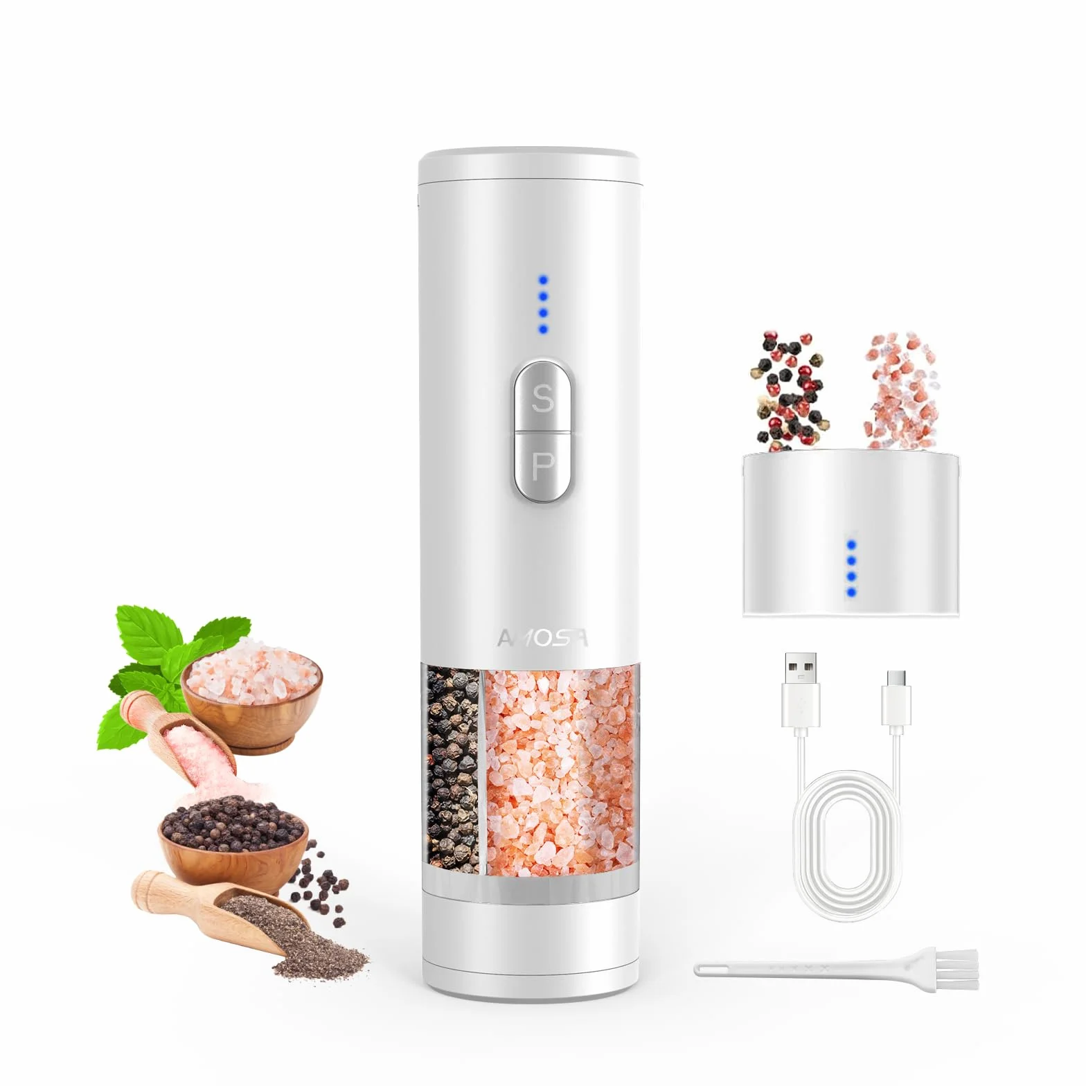 AMOSA Moulin à Poivre Électrique 2 en 1 Double Réservoir, Double Meule en Céramique USB Rechargeable avec Lumière LED Blanc