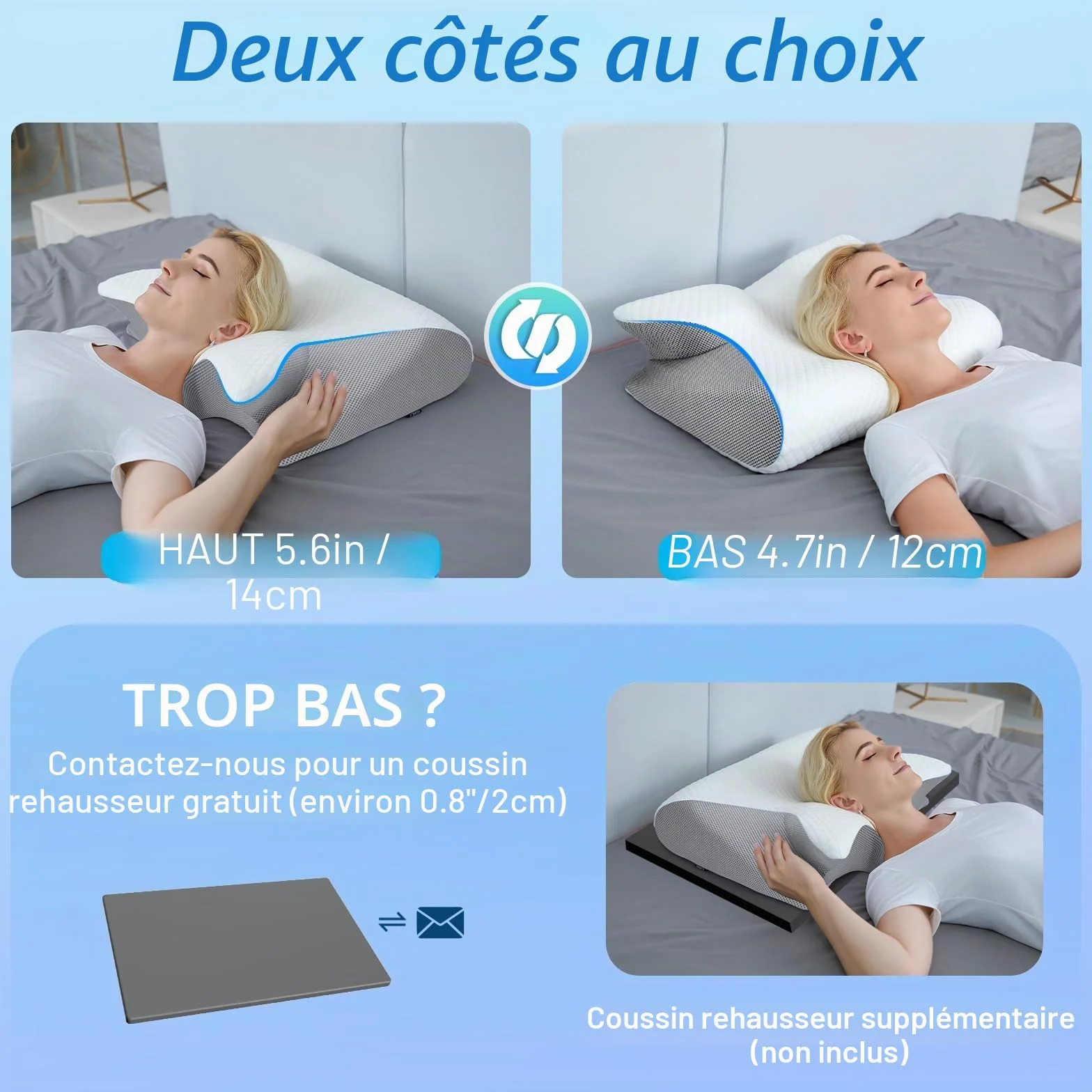 HOMCA Oreiller Ergonomique Cervical 2 en 1 Mémoire de Forme 60x40x12/14cm Gris