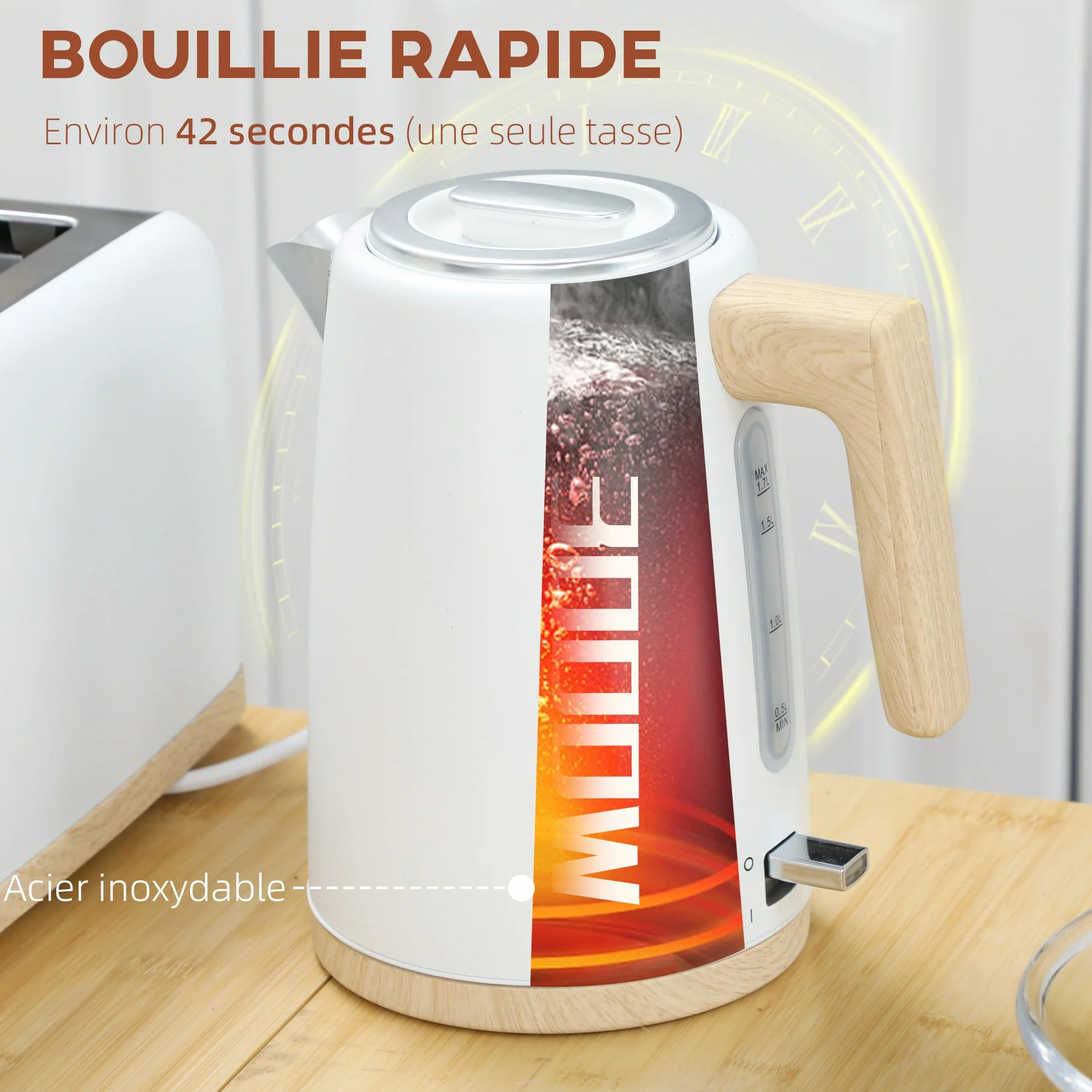 HOMCOM Bouilloire et Grille-Pain 2200W, 1,7 L Acier Inoxydable, 2 Tranches, 7 Niveaux de Brunissage, Blanc