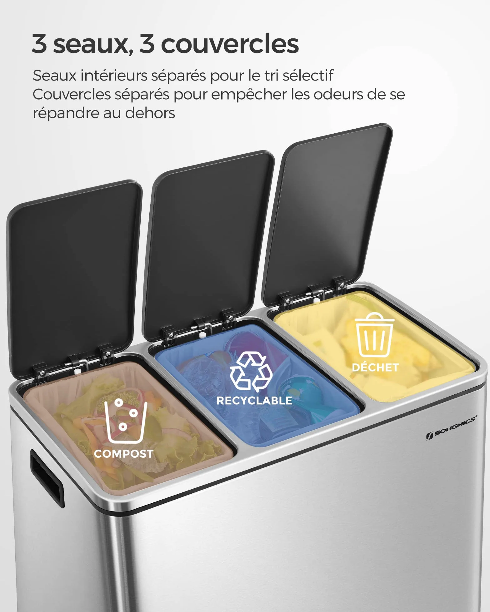 SONGMICS Poubelle Cuisine 3x18L Tri Compartiments Acier Argent Métallique Noir LTB54NL