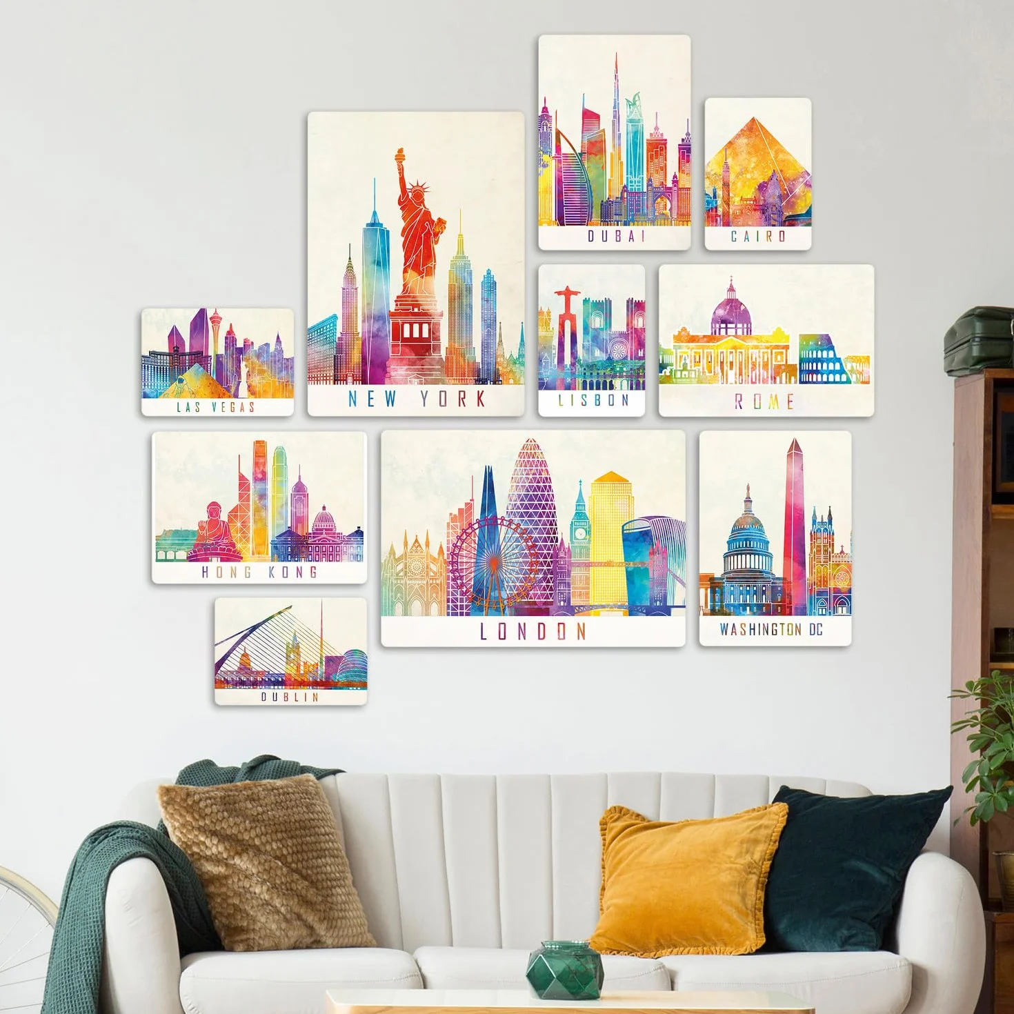 Giallobus Ensemble de 10 peintures multi-panneaux Ville colorée Bois MDF 2x42x29,7cm 4x29,7x21cm 4x21x14,85cm