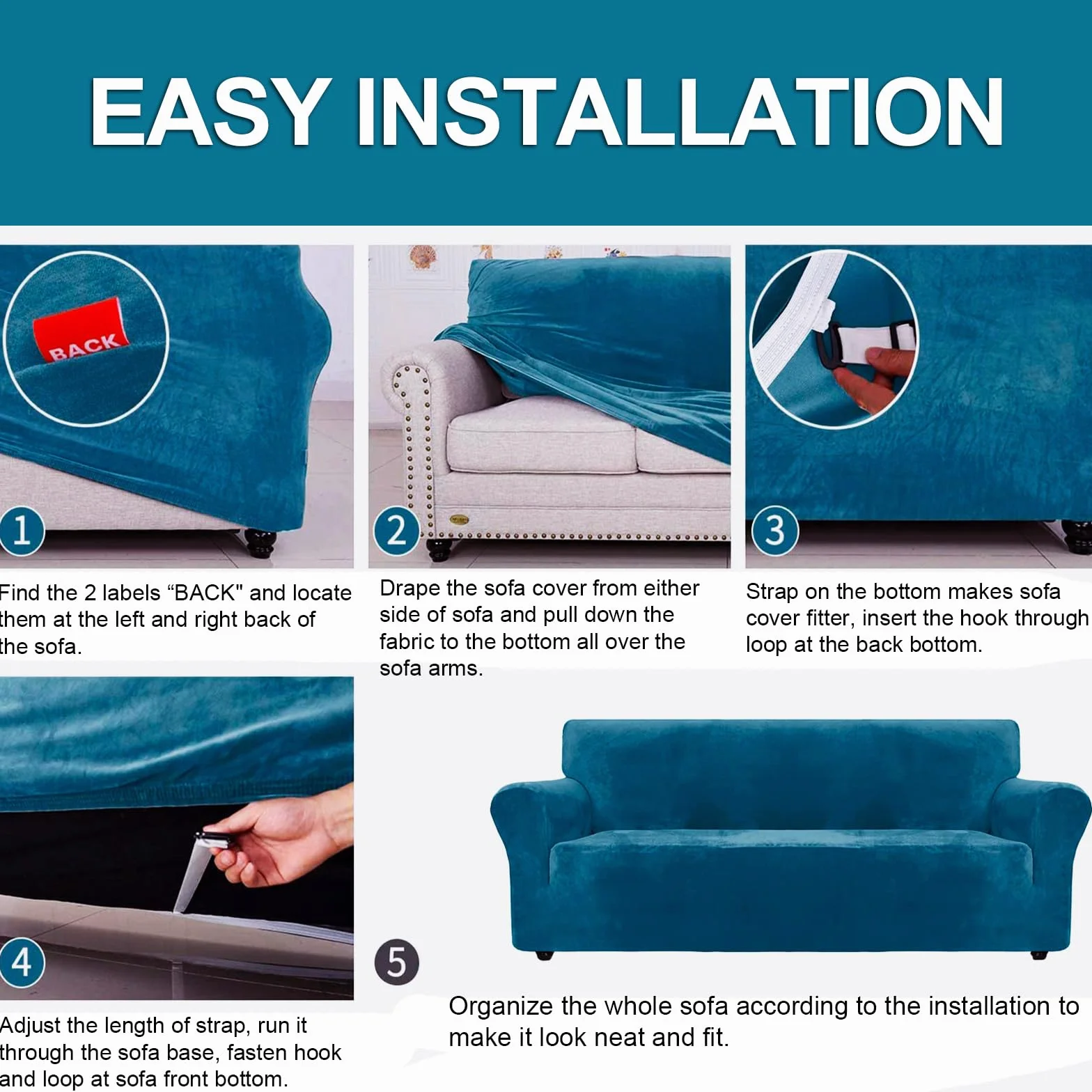 Housse De Canapé en Velours 3 Places, Sofa Cover Extensible, Antidérapant, Lavable, Bleu Paon