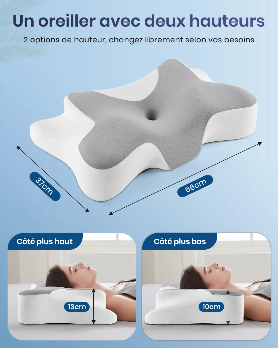 DONAMA Oreiller Cervical Ergonomique Mémoire de Forme, Soutien du Cou, 66x37x13 cm, Gris Blanc