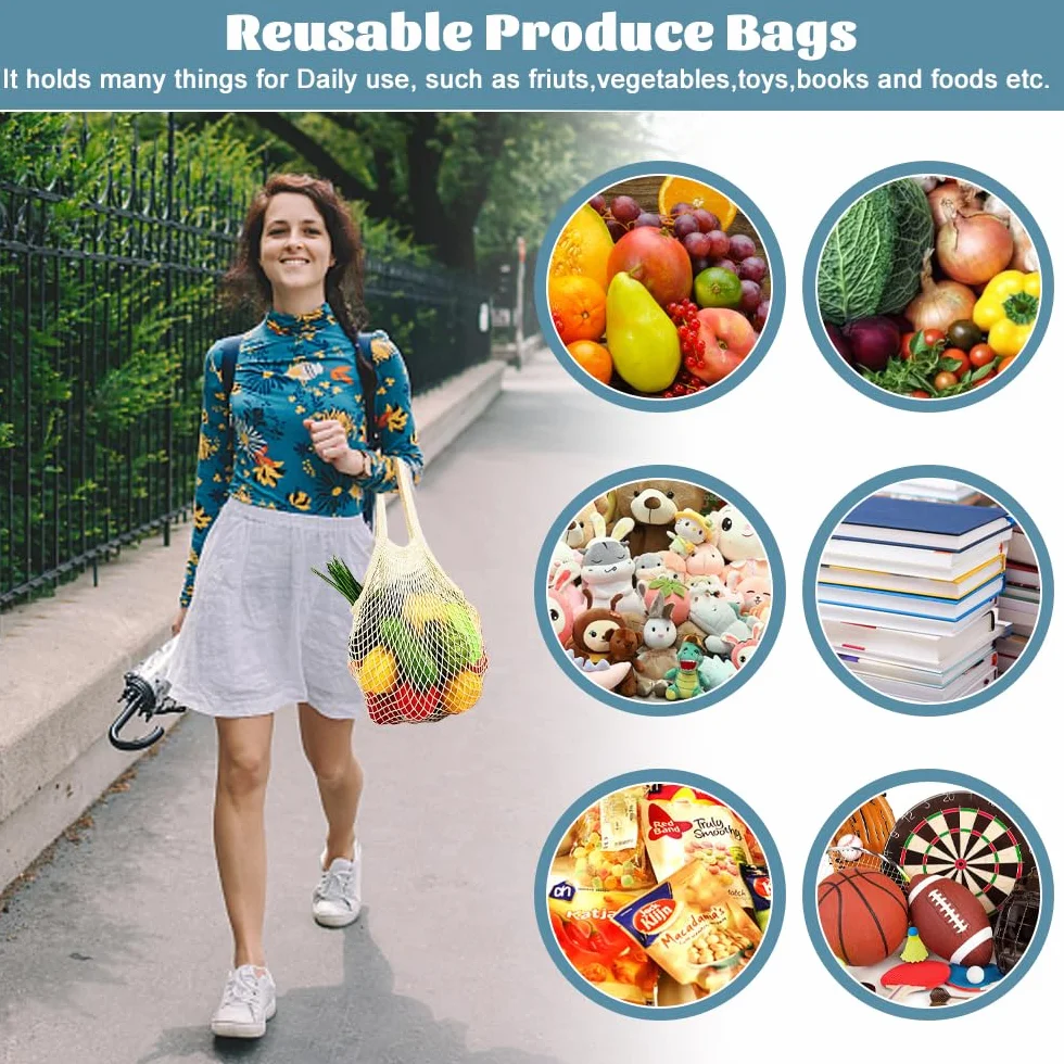 Sacs de Courses en Maille Coton 60x30 cm, Filet Provision Longue Poignée, Sac à Provisions Respirant pour Fruits Légumes, Lot de 6