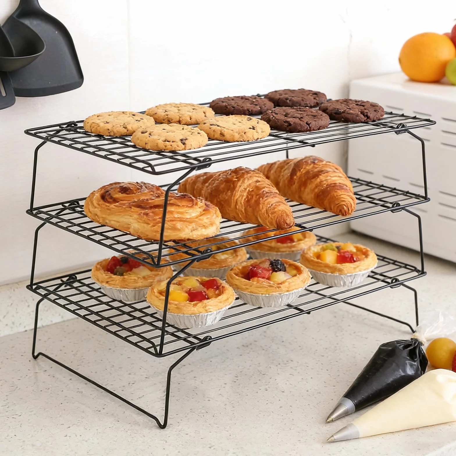 Lot de 6 grilles de refroidissement 40 x 25 x 7,5 cm en acier inoxydable empilable pour pâtisserie