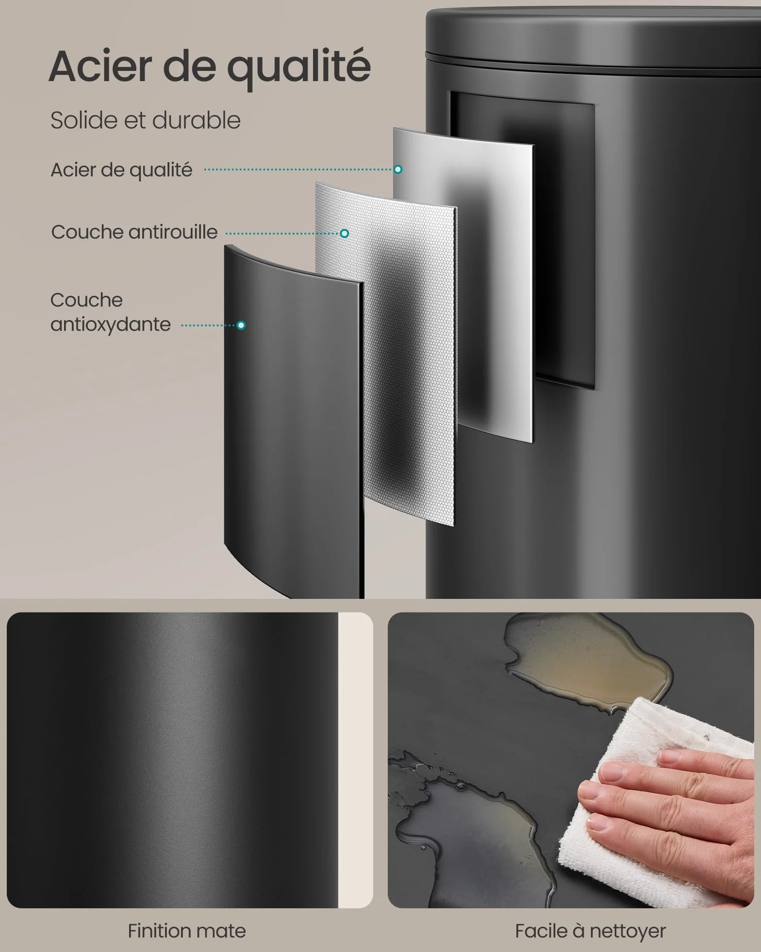 SONGMICS Poubelle 30 L Rond, Acier, Noir d'Encre, Pédales en Métal, Seau Amovible