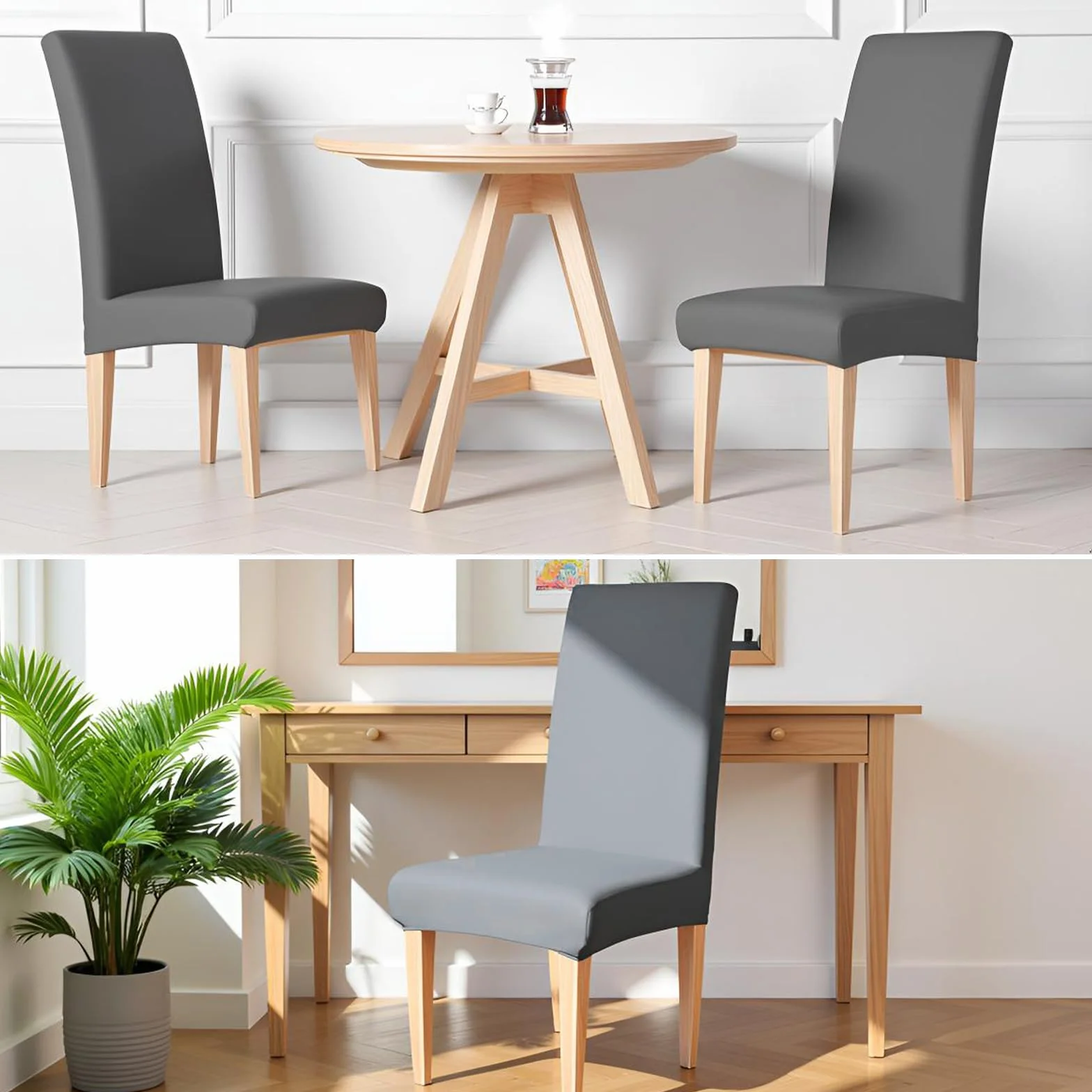 Housse de Chaise Extensible 4 Pièces Amovible Lavable Gris pour Salle à Manger Hôtel