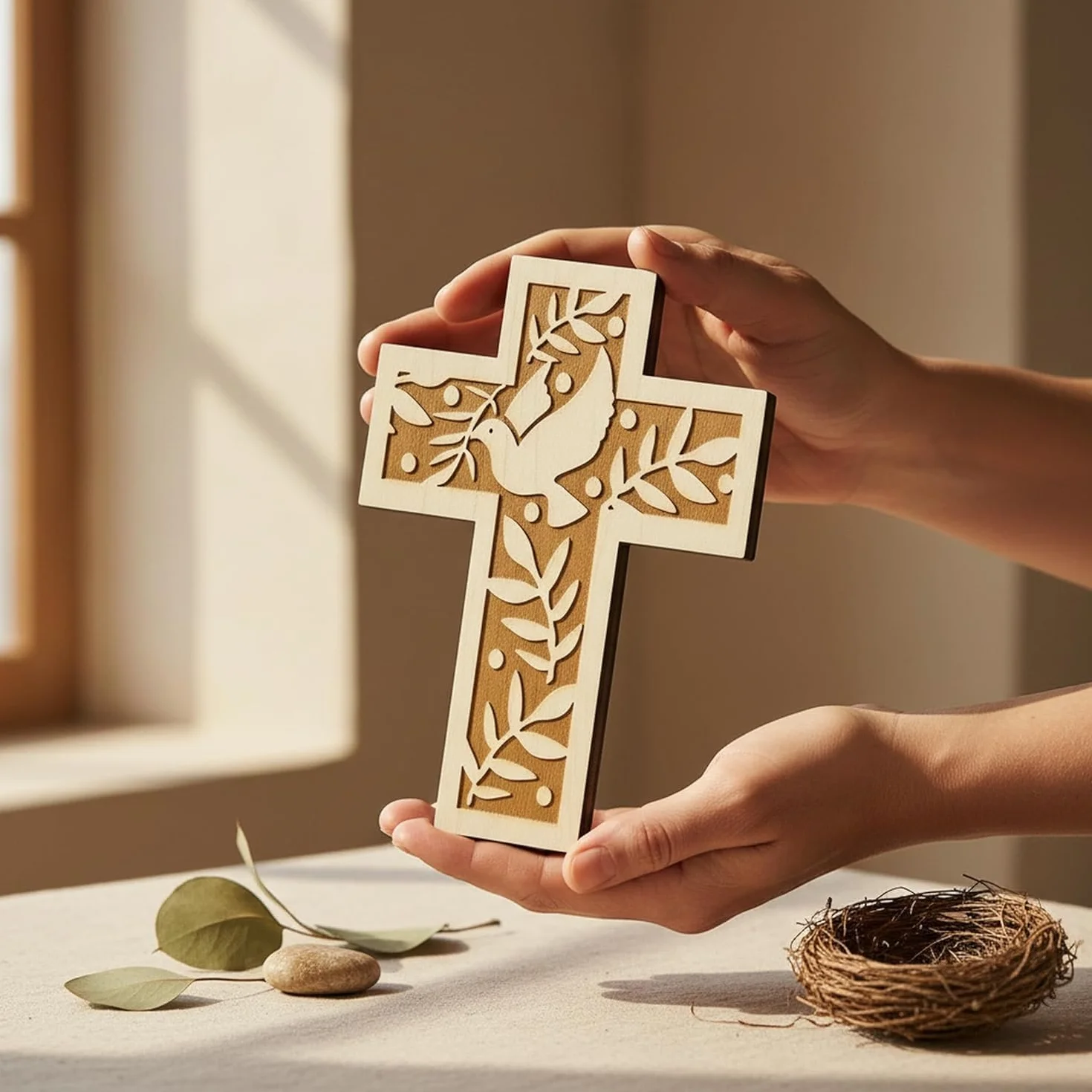 Croix murale en bois d'épicéa 18 cm avec colombe et rameaux d'olivier Kaltner
