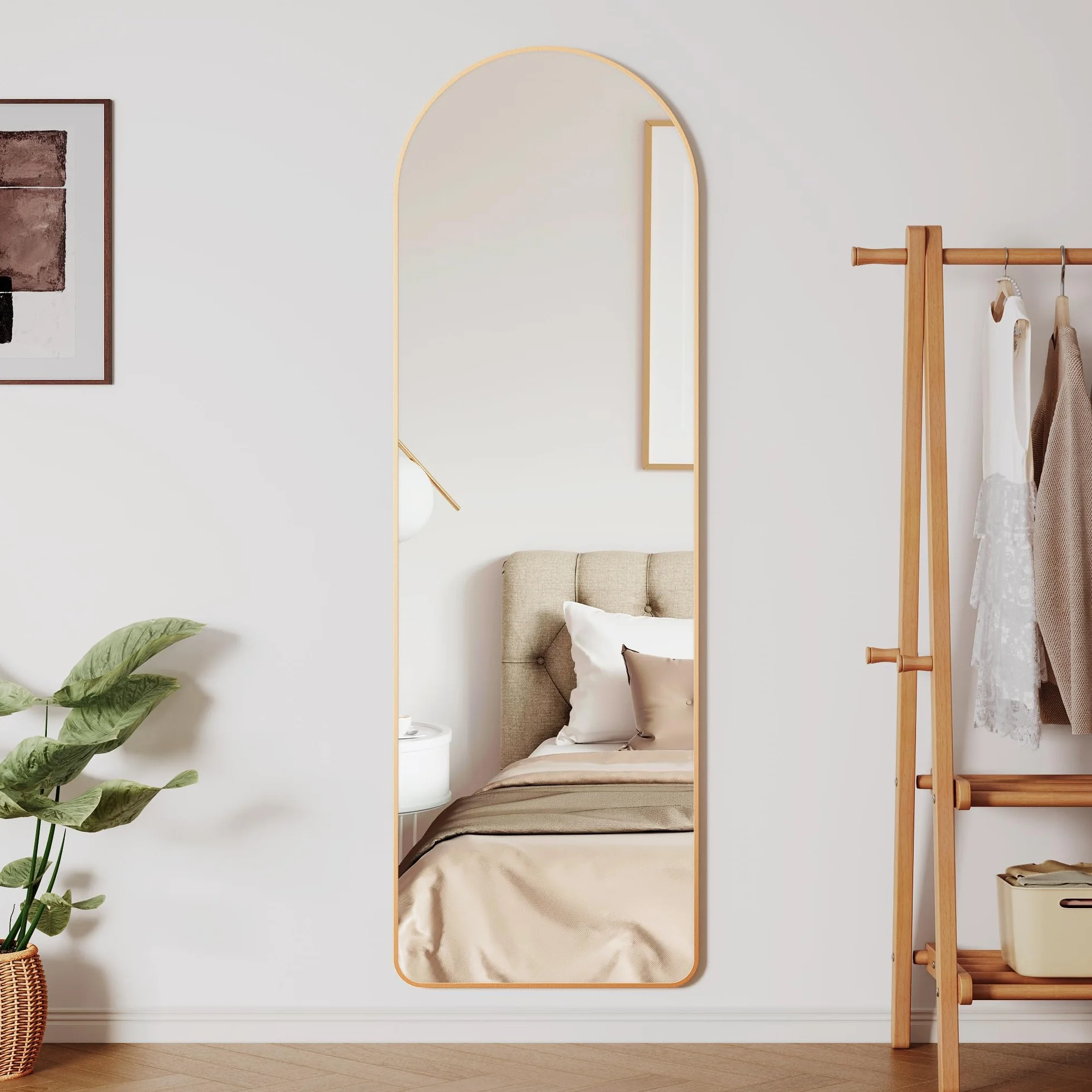 Clevich Grand Miroir sur Pied 162 x 50 cm Cadre Aluminium Support Métal Miroir Mural Arche HD Doré