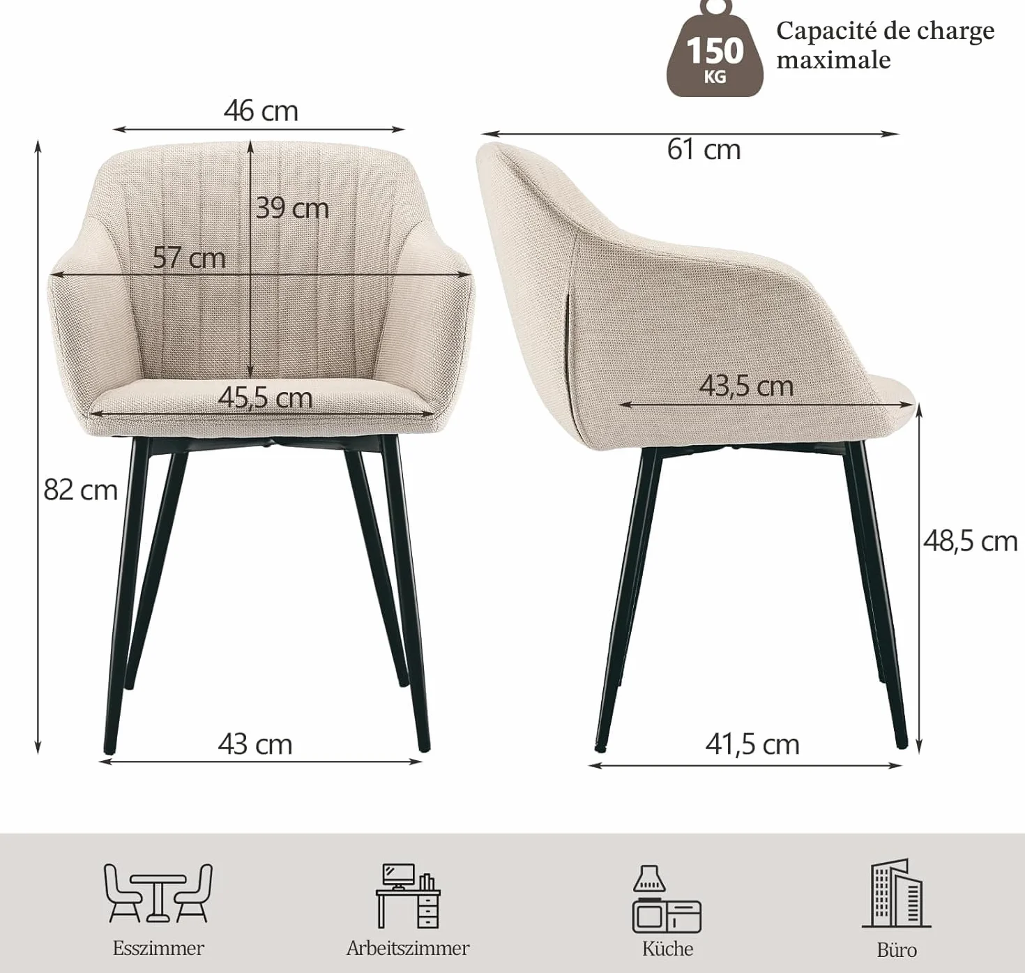 Lot de 6 Chaises Salle à Manger Beige avec Accoudoirs, Fauteuil Rembourré en Lin Pieds Métal