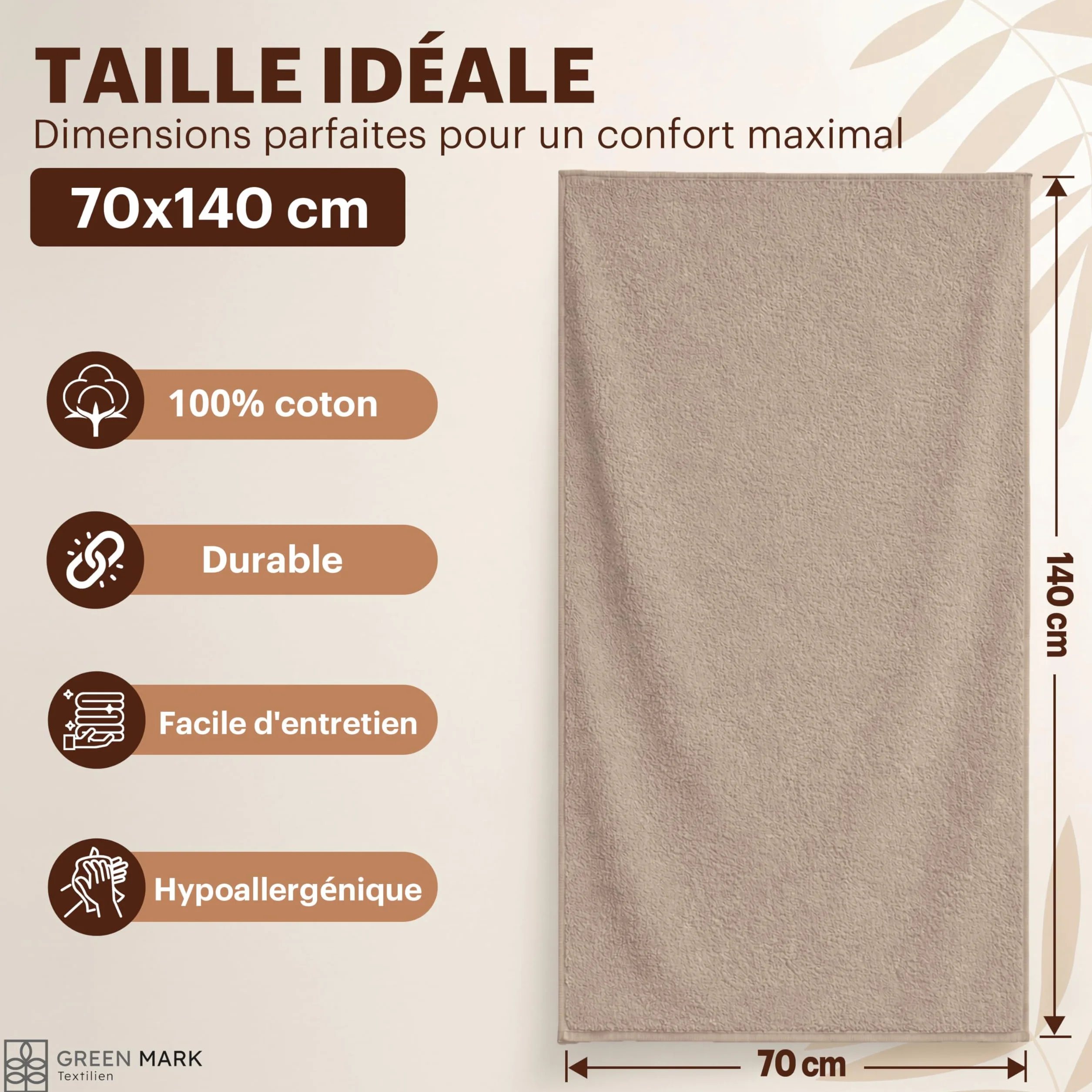 NatureMark Lot de 4 Draps de Douche 100% Coton Doux Absorbants 70x140 cm Sable Beige