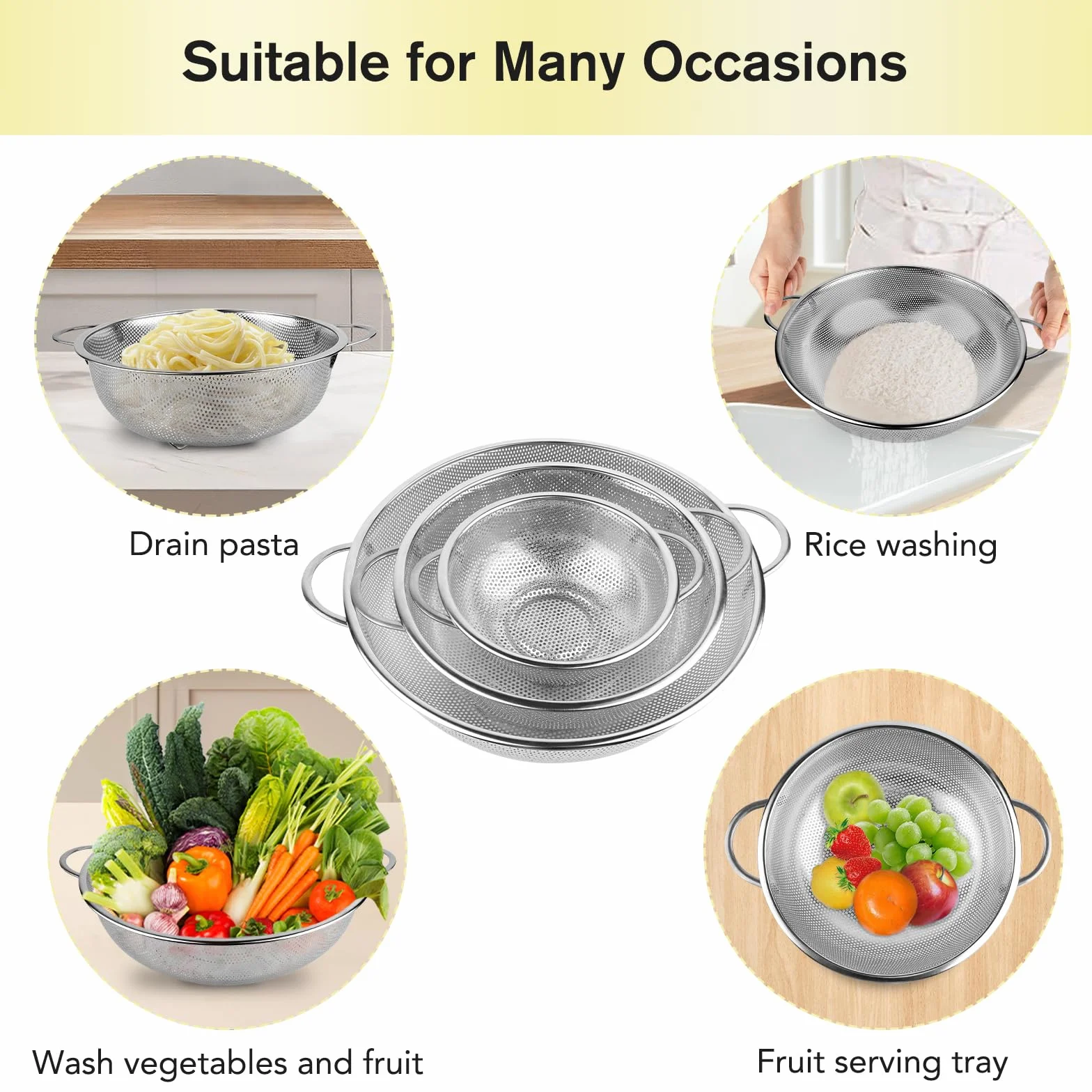 Passoire Cuisine Inox Poignées Tamis Micro Perforée Crépine Mailles Fines Polie Brillante Métal Pour Pâtes Fruits Légumes