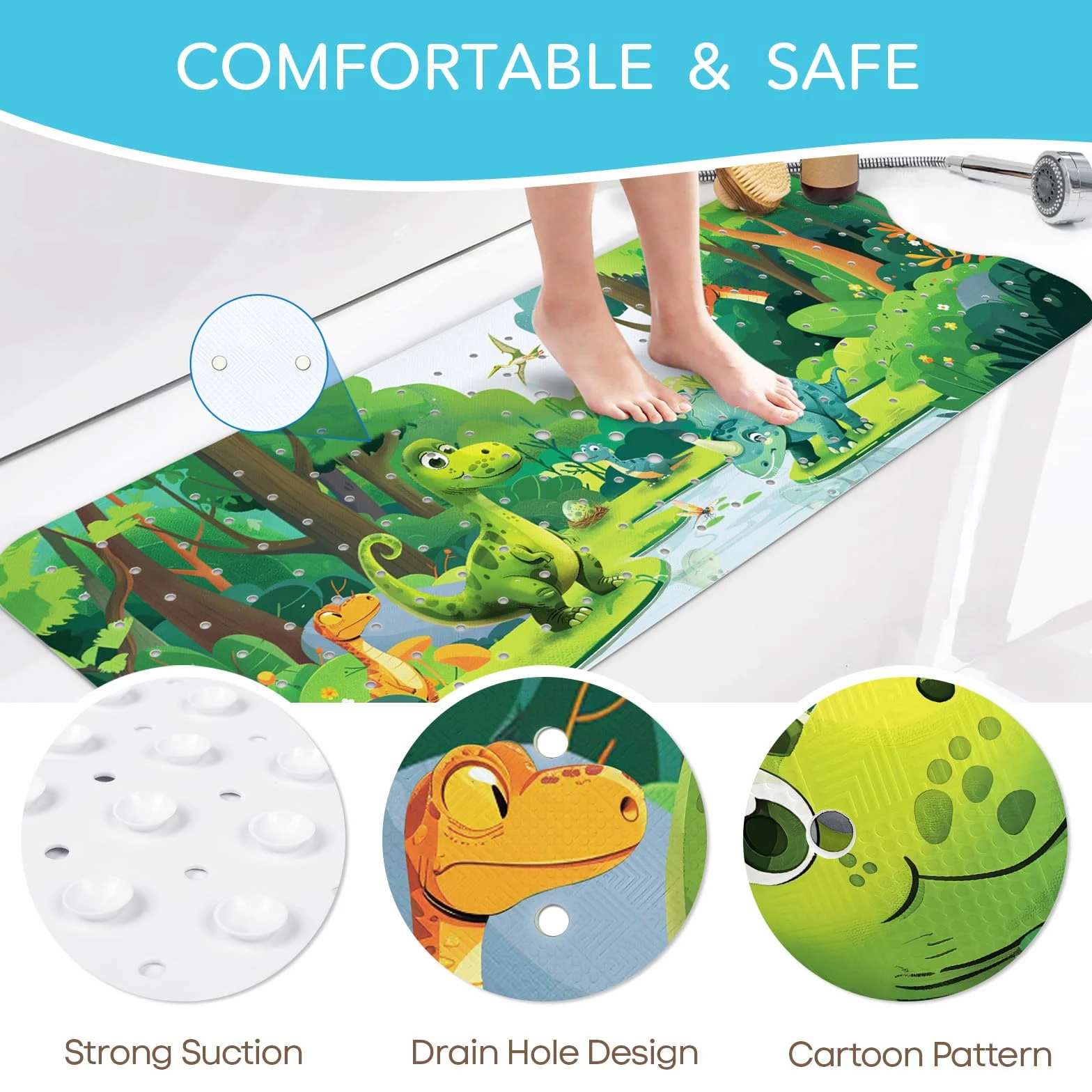 SHUCHING Tapis de Bain Antiderapant Enfant 100 x 40 cm sans BPA Lavable en Machine Dinosaure