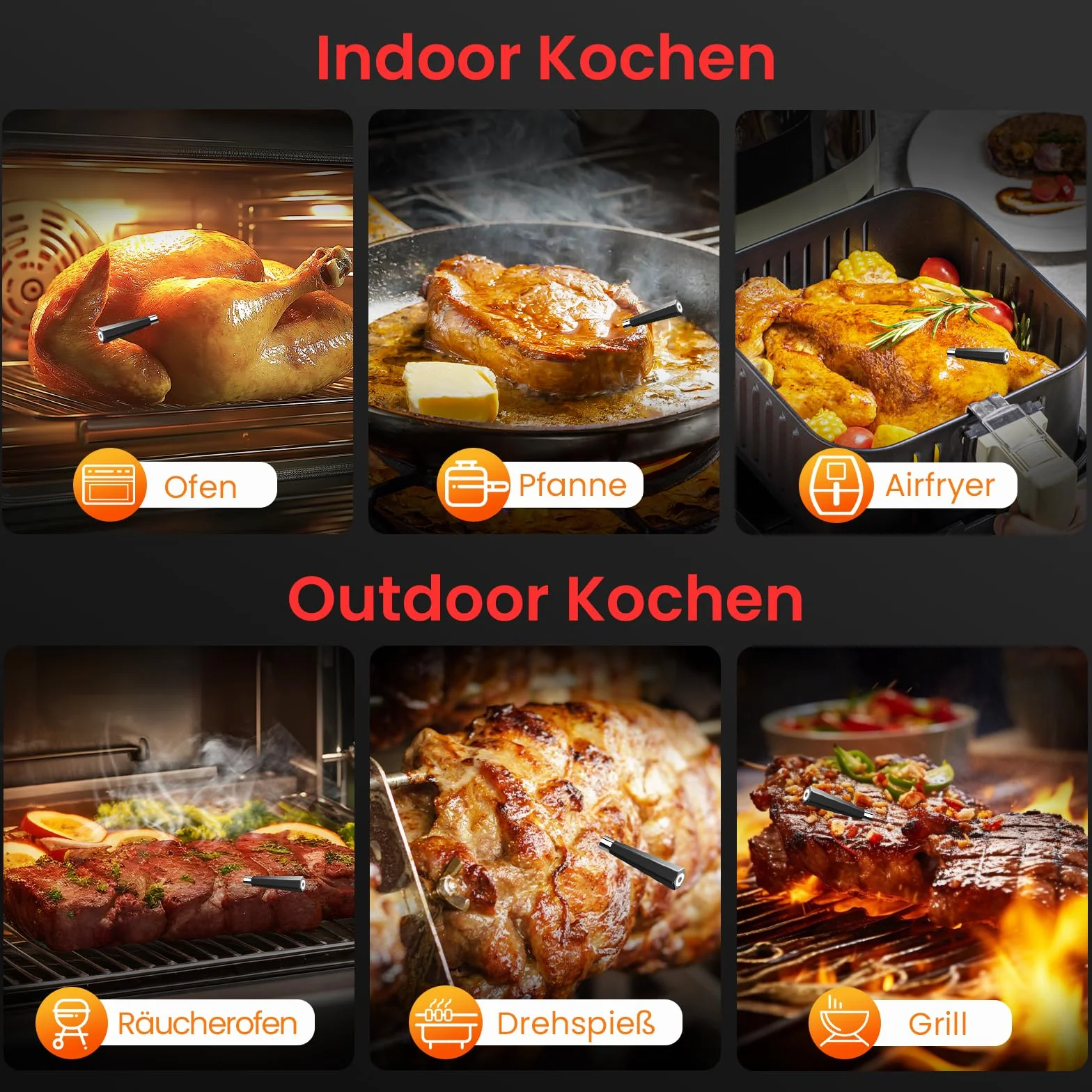 Thermomètre Cuisine Sans Fil Double Capteur avec App 150m Sonde Bluetooth Minuterie Alarme BBQ Grill Fumoir Four Sous Vide