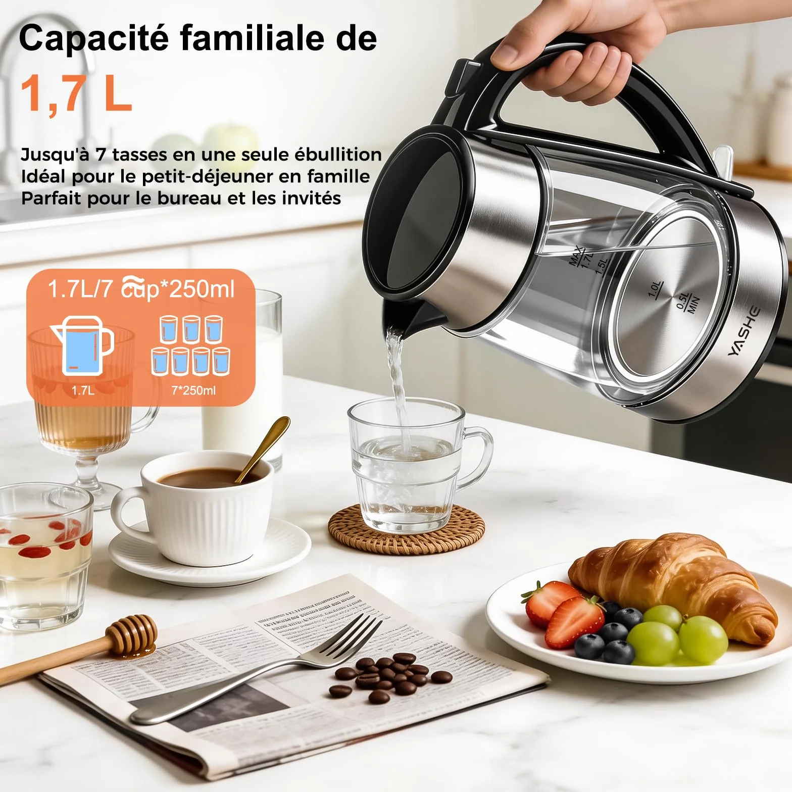 Bouilloire Électrique en Verre 1,7L 2200W avec LED Bleue et Filtre Anticalcaire