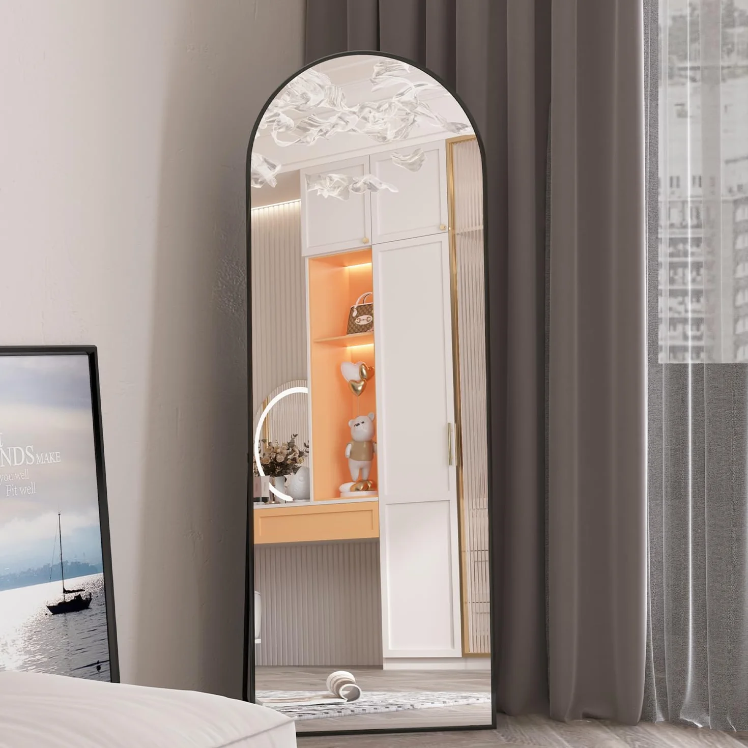 Miroir de Sol cintré 162 x 53 cm Cadre Aluminium Mural Intégral Noir