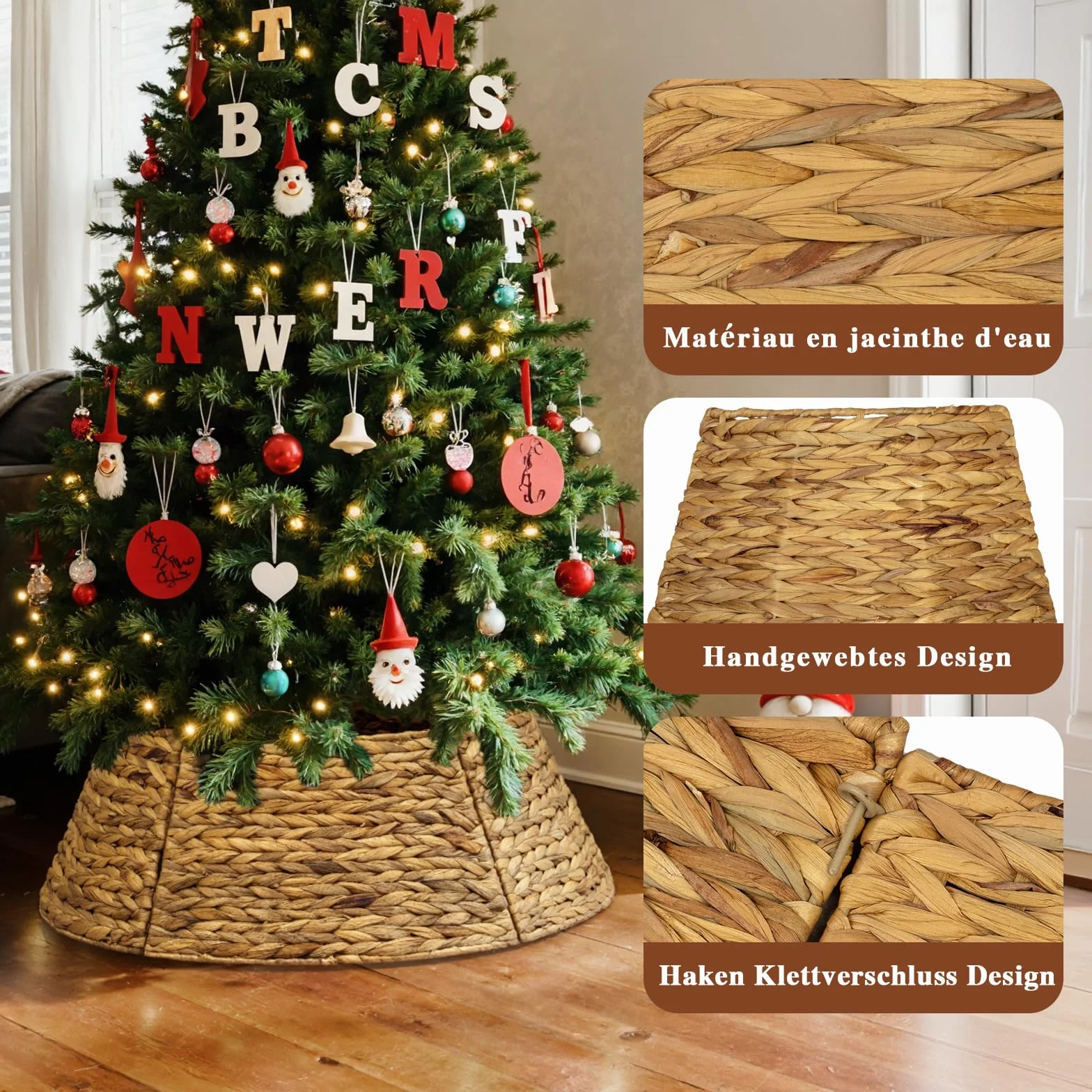 Rotin Collier Sapin Noël 61 cm, Housse Décorative Cache Base Pied Jupe Vannerie Christmas Tree Collar Blanc